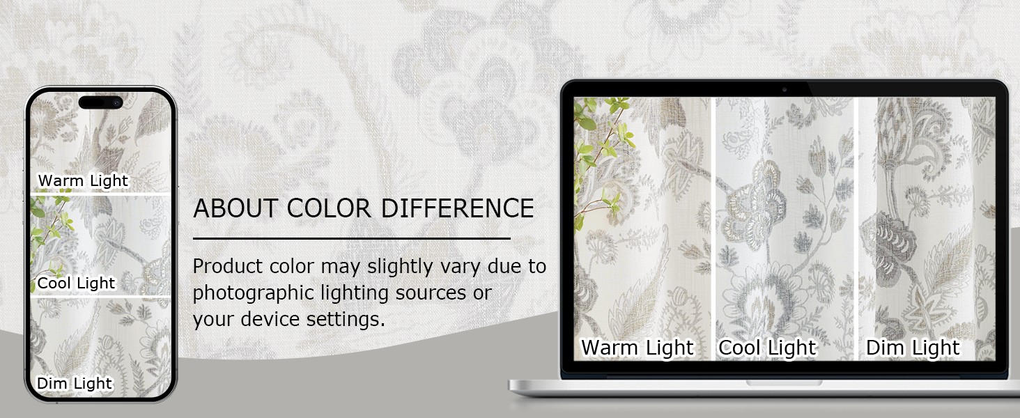 Floral Leaf Print Light Filtering Curtains Grey Linen Botanical Leaf Flower
