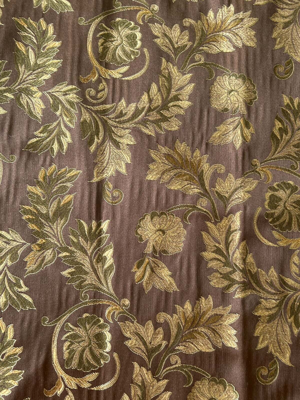 3 Custom Brocade Drapery Panels Pleated Lined 88”L Gold & Olive Green On Brown