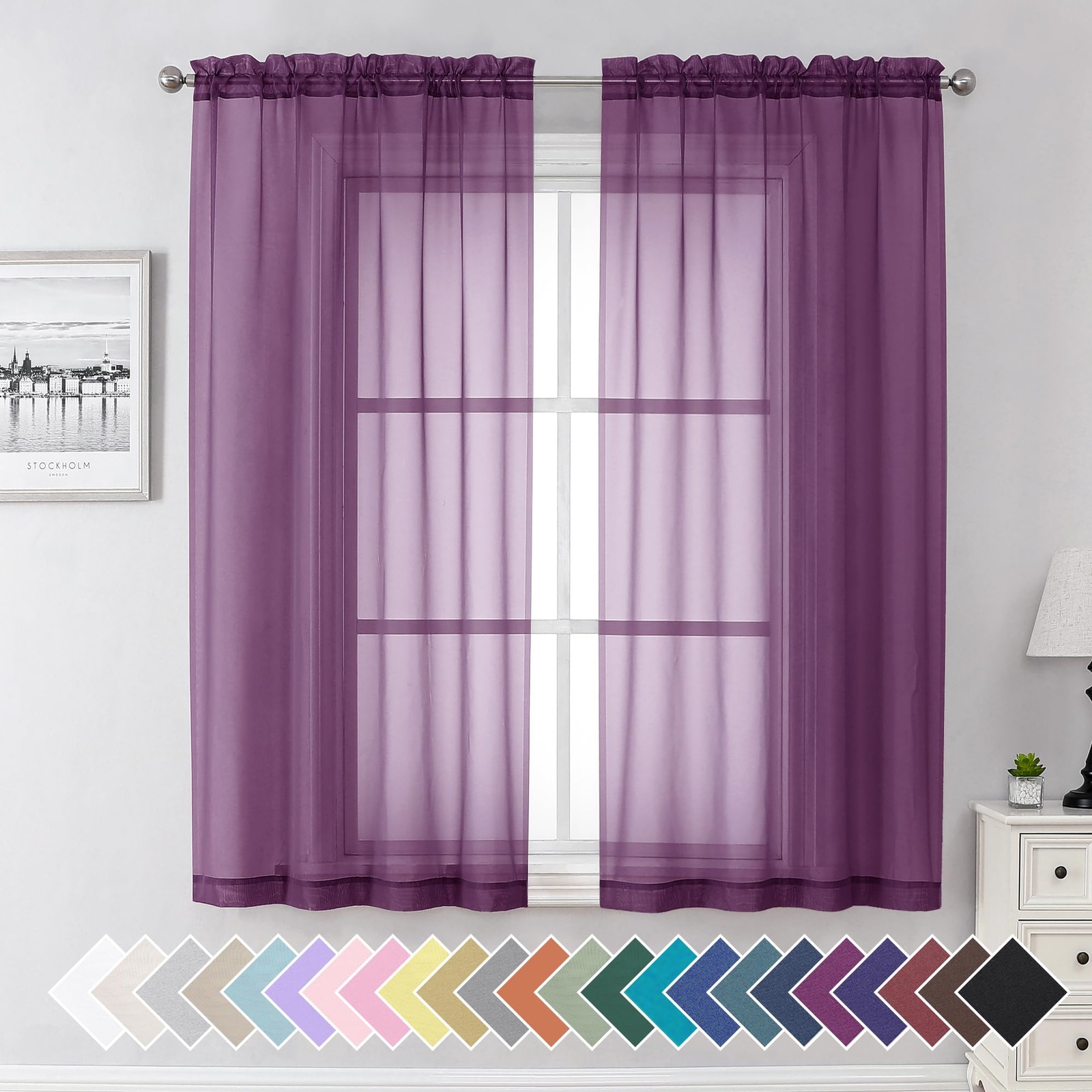 Purple Sheer Curtains 63 Inches Long 2 Panels Set, 40″W x 63″L (Pack of 2) Plum