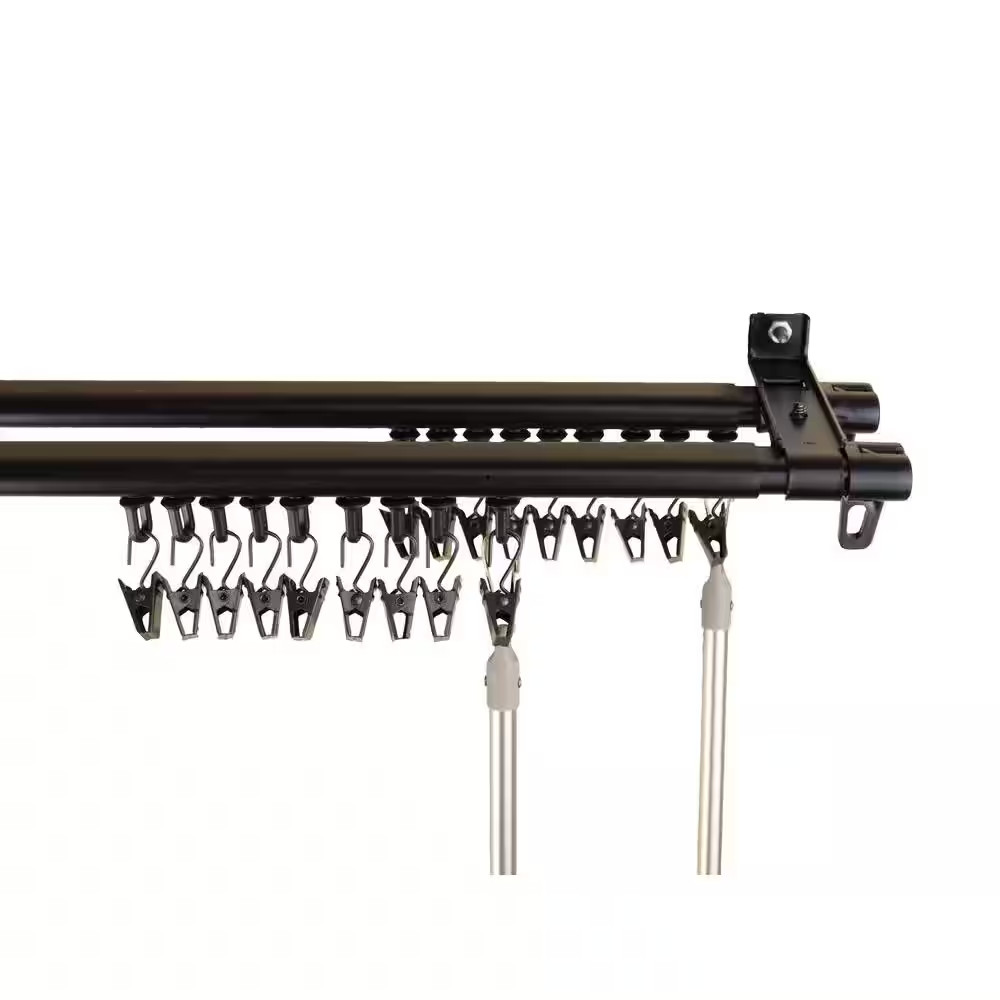 66 In. – 120 In. Armor Adjustable Baton Draw Track Double Curtain Rod Set in Bla