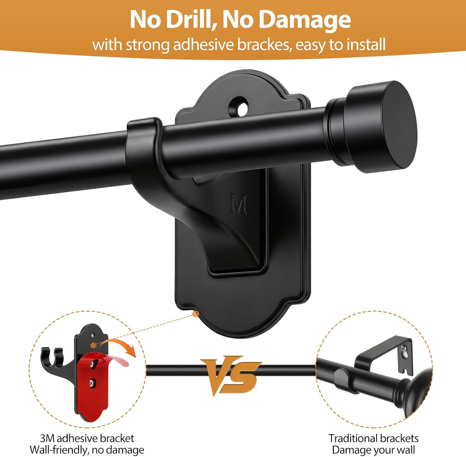 Adjustable Curtain Rod 40 to 53 Inch No Drill Adhesive Brackets Black 5 8 Rod