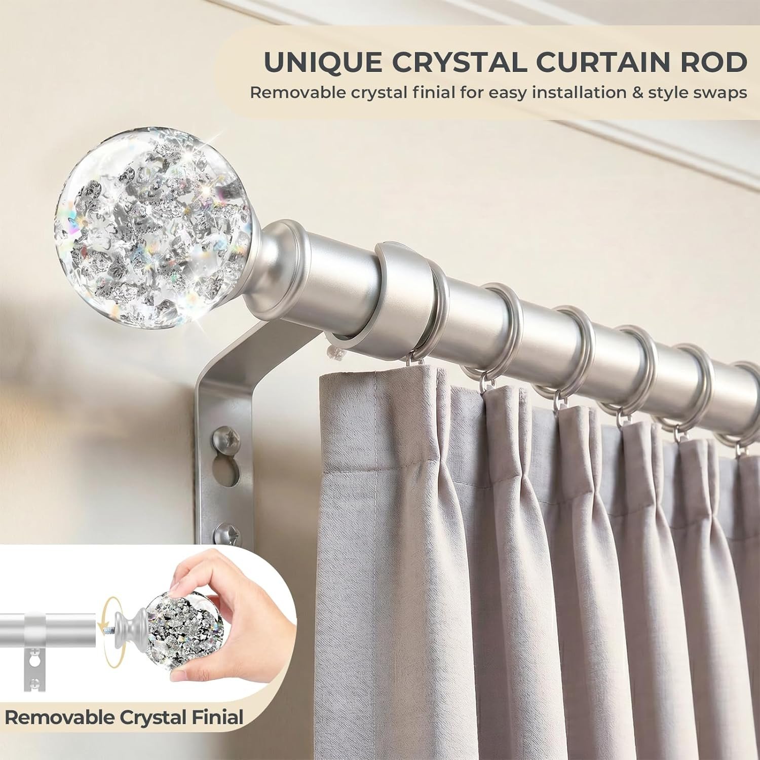 Silver Decorative Crystal Curtain Rods:18-45 Inch Heavy Duty Adjustable Window C