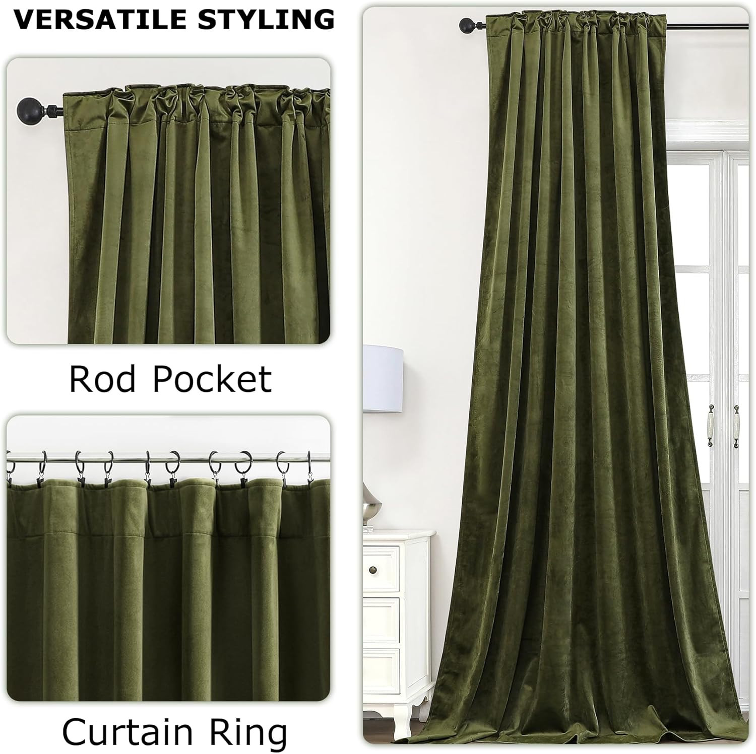 Olive Green Velvet Curtains for Bedroom Window, Super Soft Vintage Luxury Heavy