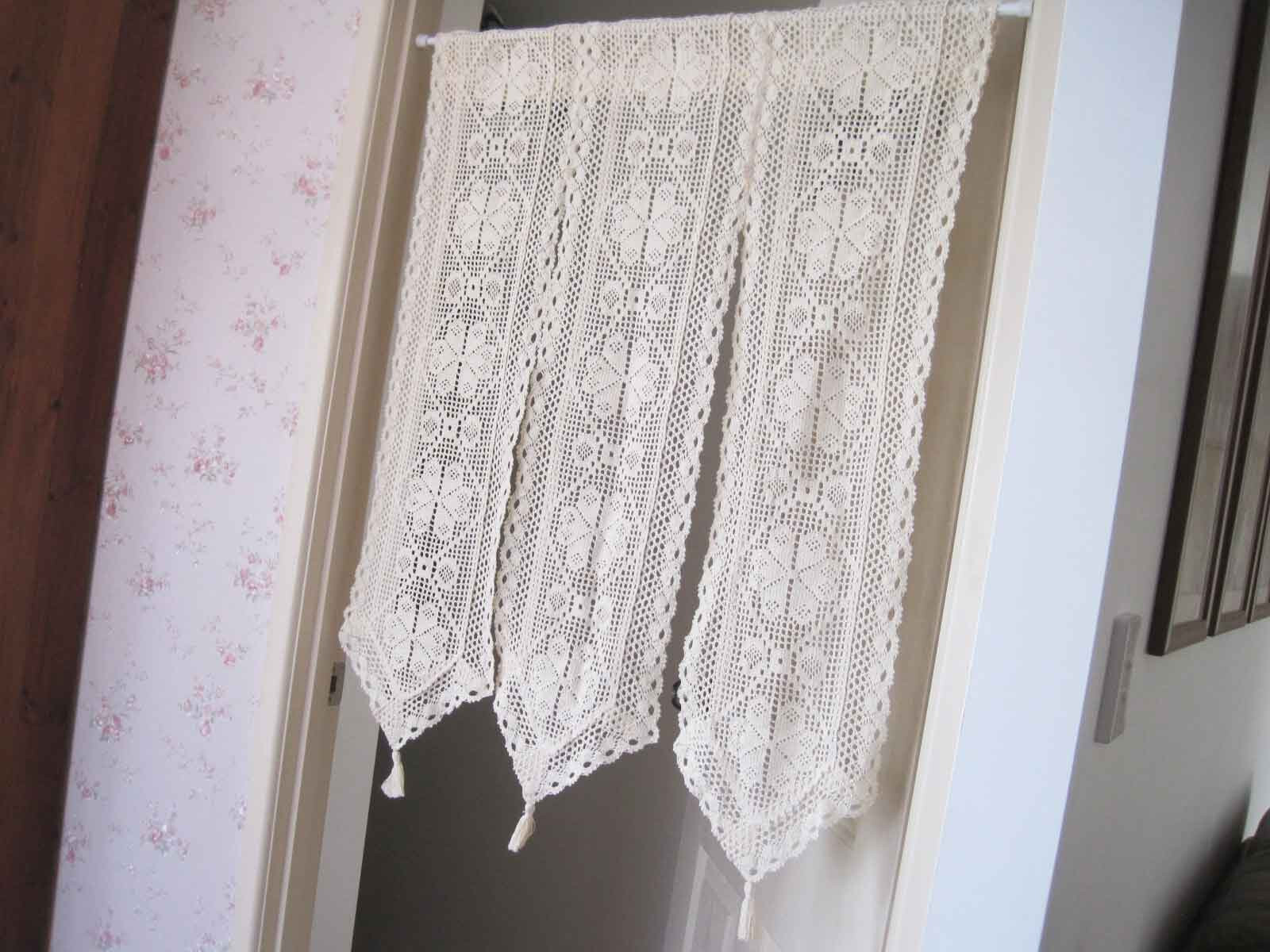 Again@Vintage Style 3 Panel Design Crochet Lace Braid Beige Cotton Door Curtain