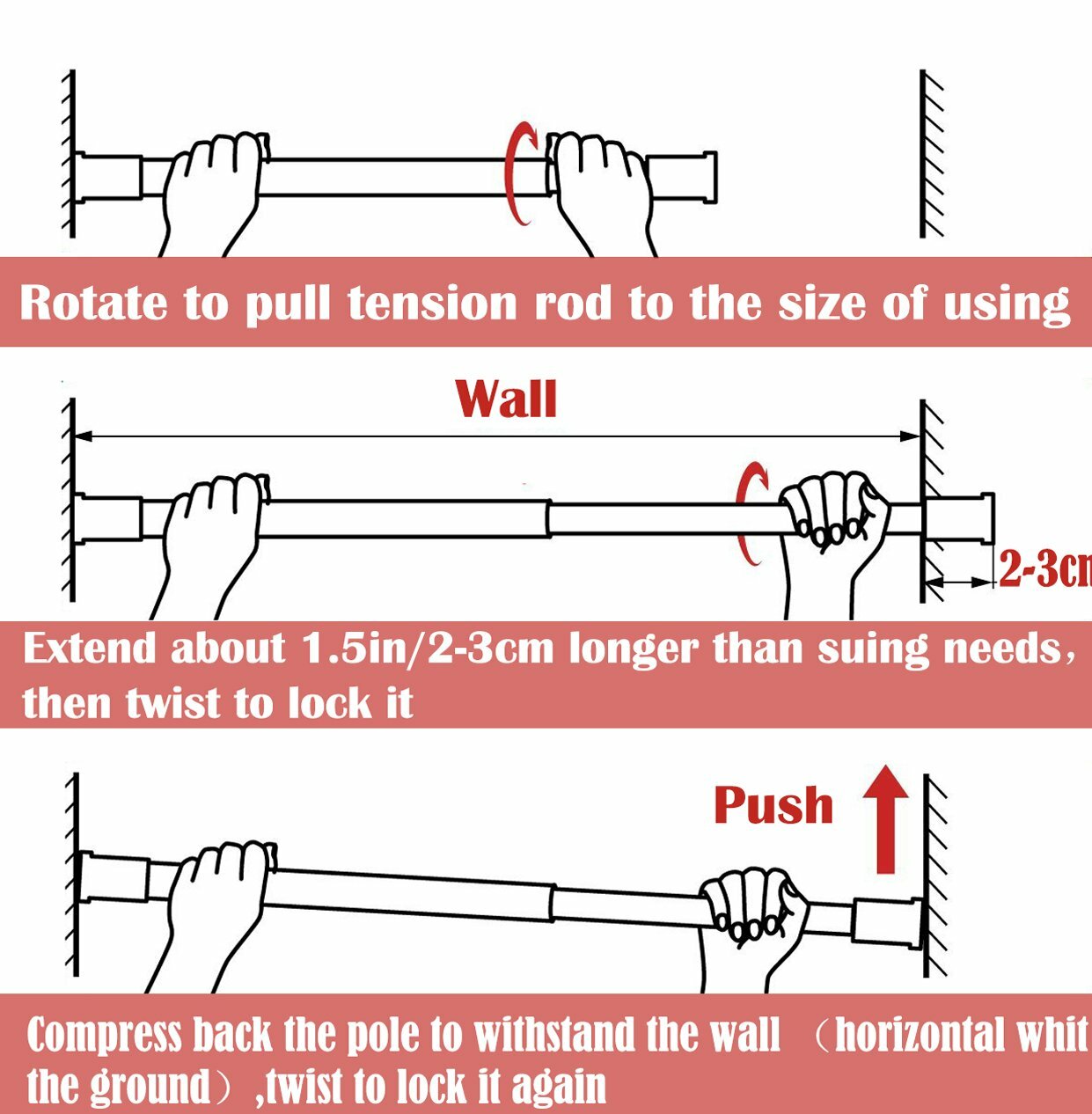 2PCS Heavy-Duty Steel Tension Curtain Rod Spring Load Adjustable Curtain Pole