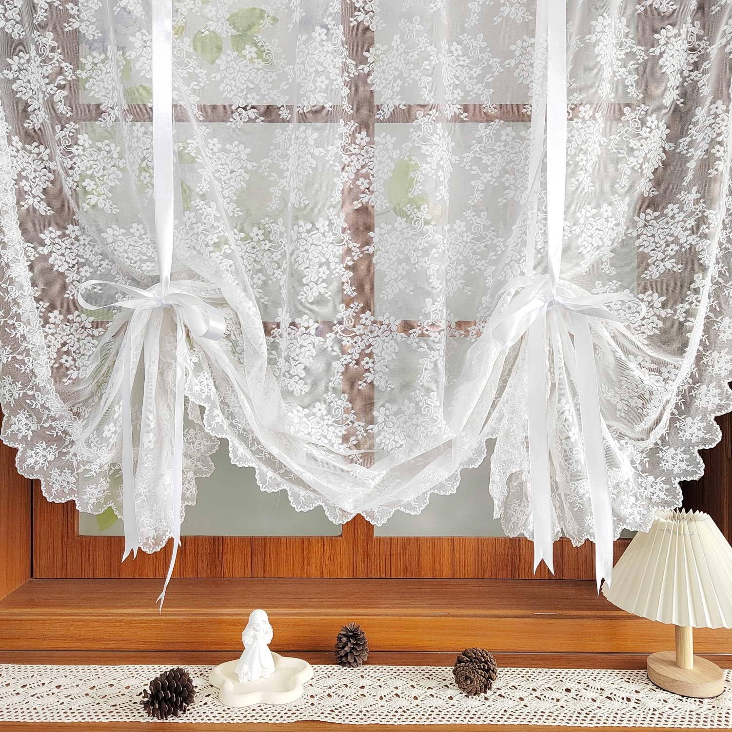 White Floral Lace Tie Up Curtain, Adjustable Lift Balloon Window Shade