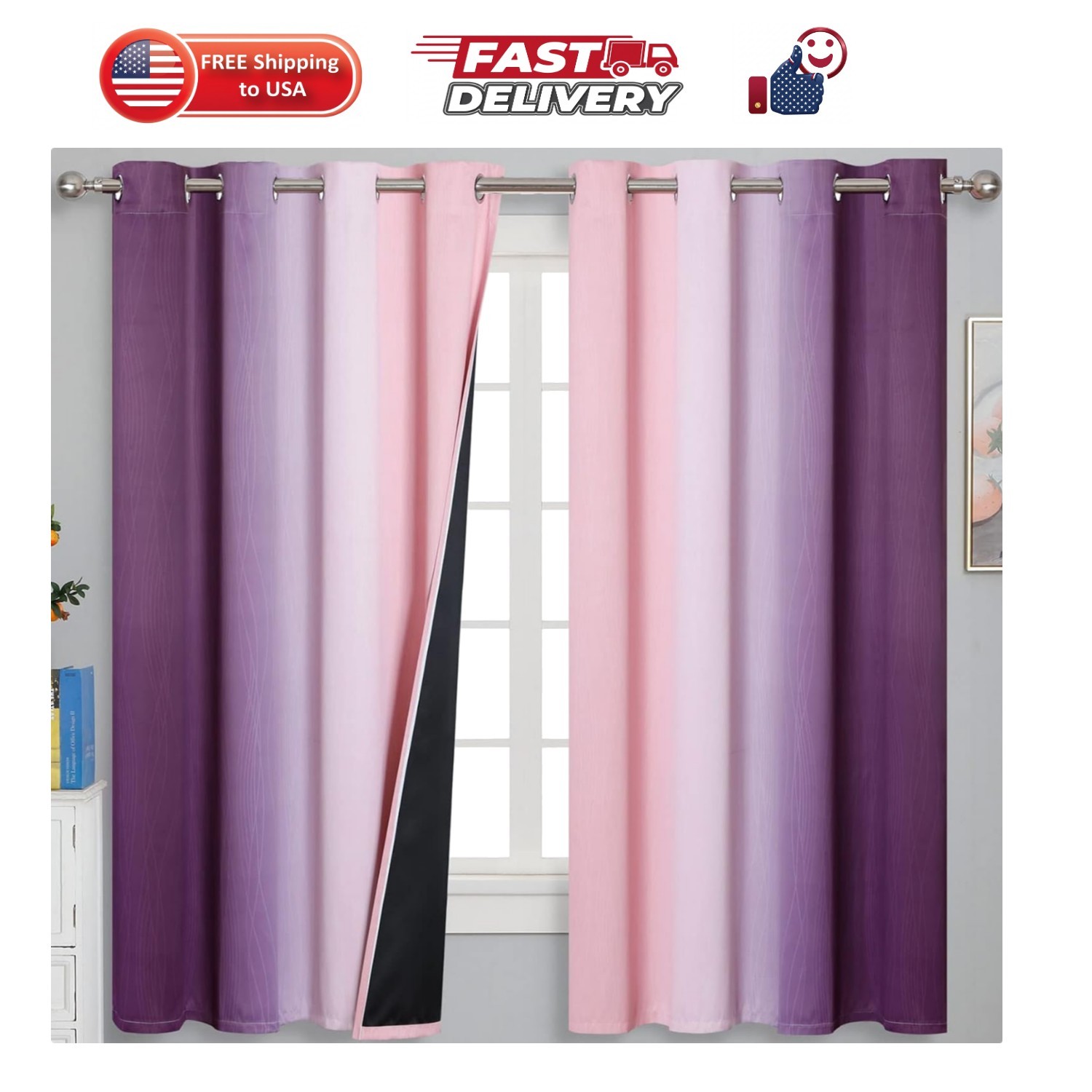 Pink and Purple Curtains 63 Inch Length 2 panels, Full Light Blocking Ombre B…
