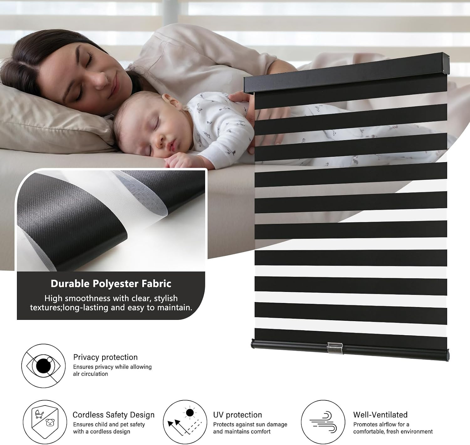 Cordless Zebra Blinds for Windows, 20″ W X 72″ H, Black | Dual Layer Light Filte
