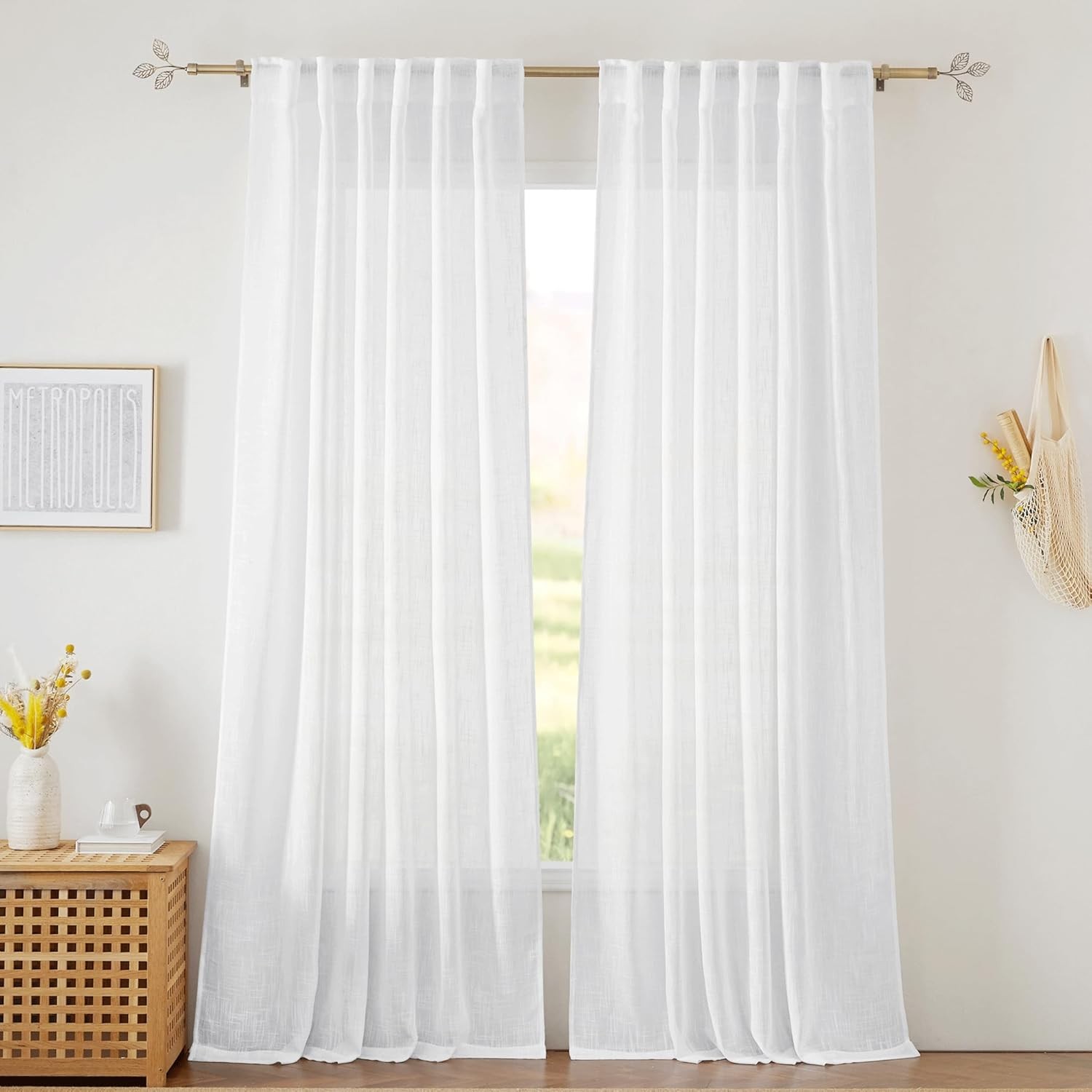White Linen Texture Sheer Curtains Light Airy Panels for Bedroom Living Room Pat