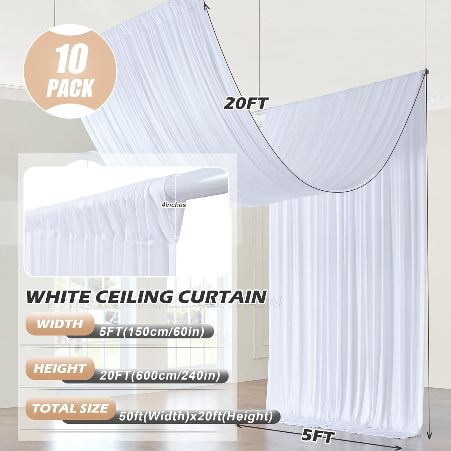 50ft×20ft White Ceiling Curtain Drapes for Weddings Parties, Wrinkle Free Polyes