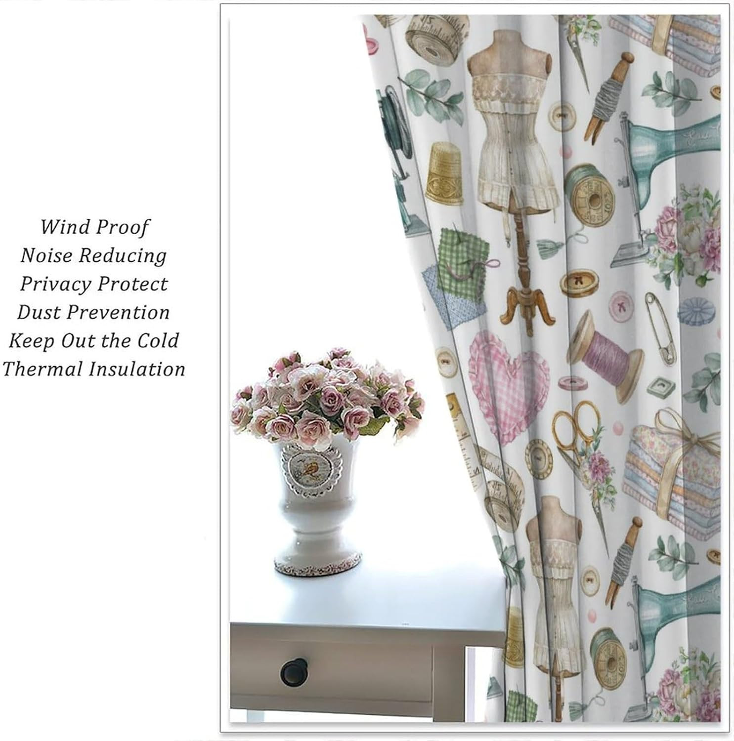 Sewing Theme Window Curtain,Vintage Sewing Machine Tool Watercolor Pattern Print