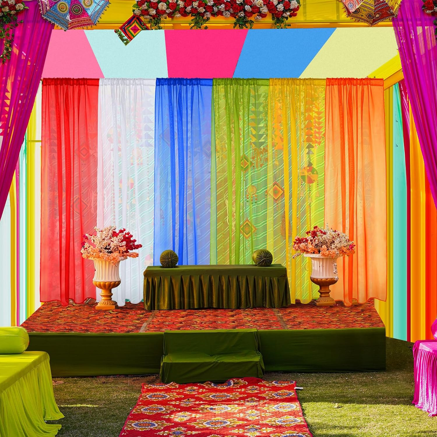 6 Pcs Back to School Rainbow Sheer Curtains 6 Colors Sheer Curtains Set 90X55 In