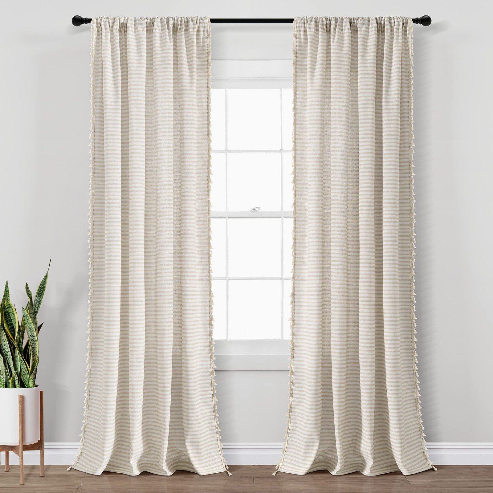 Boho Coastal Horizontal Ticking Stripe Tassel Window Curtain Panel Pair, 52″ …