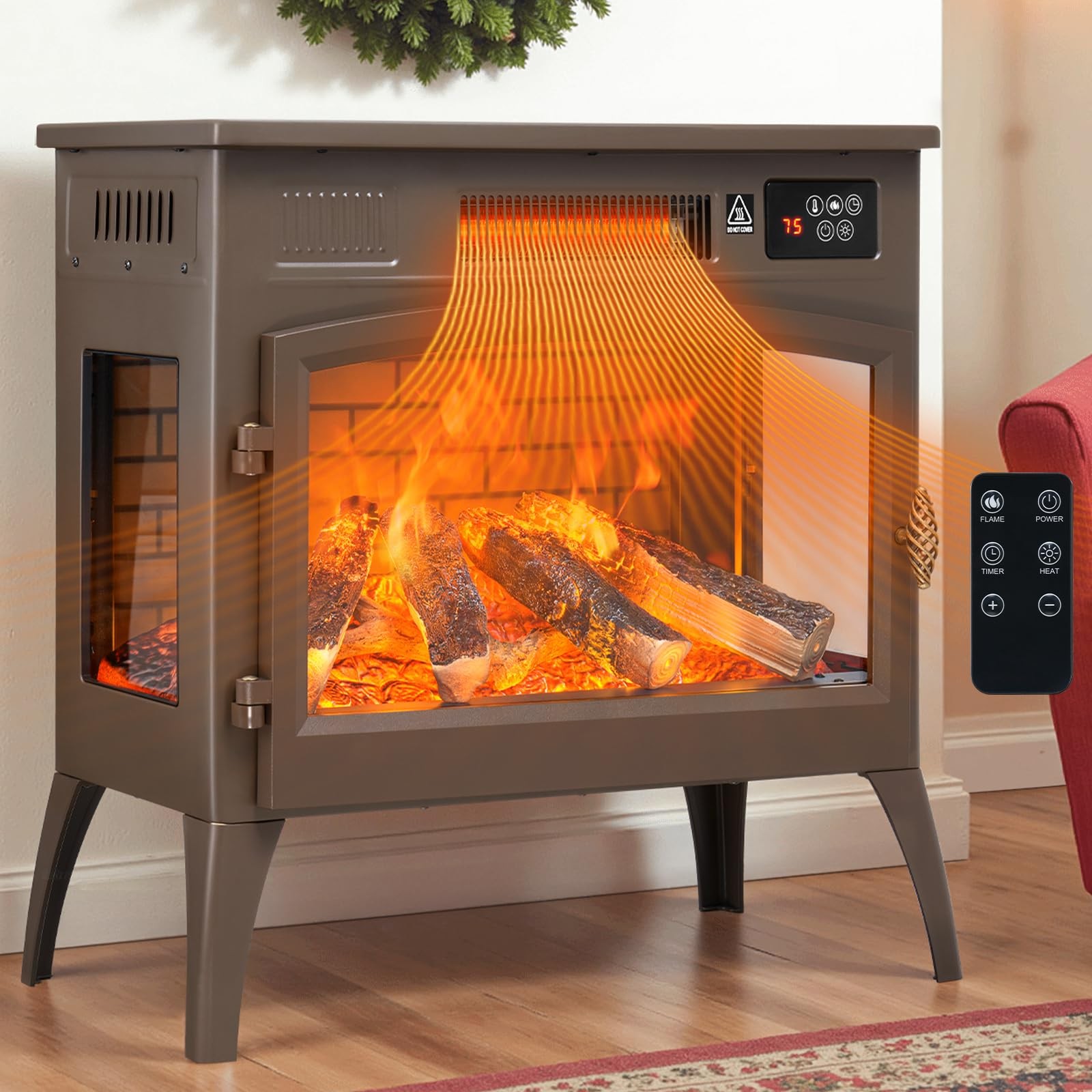 24” Freestanding Electric Fireplace Heater with 6 Variable Realistic Flame C…