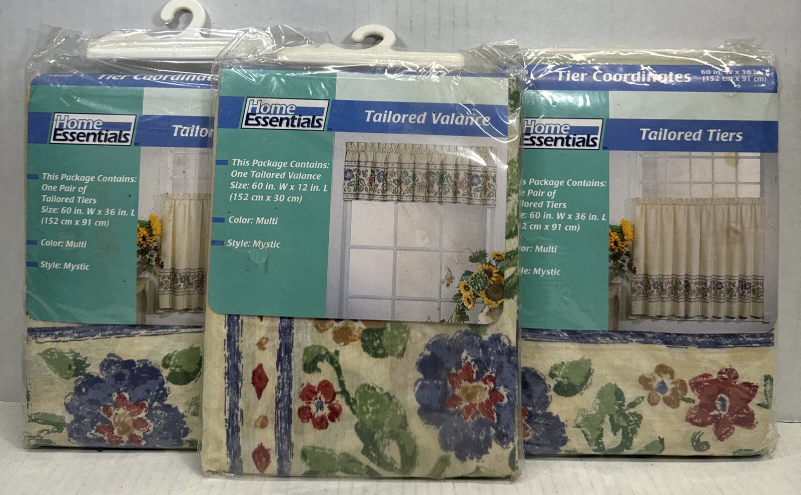 VTG Curtains Tiers and Valance Set 3 Spring Blue Red Green Floral Printed Window
