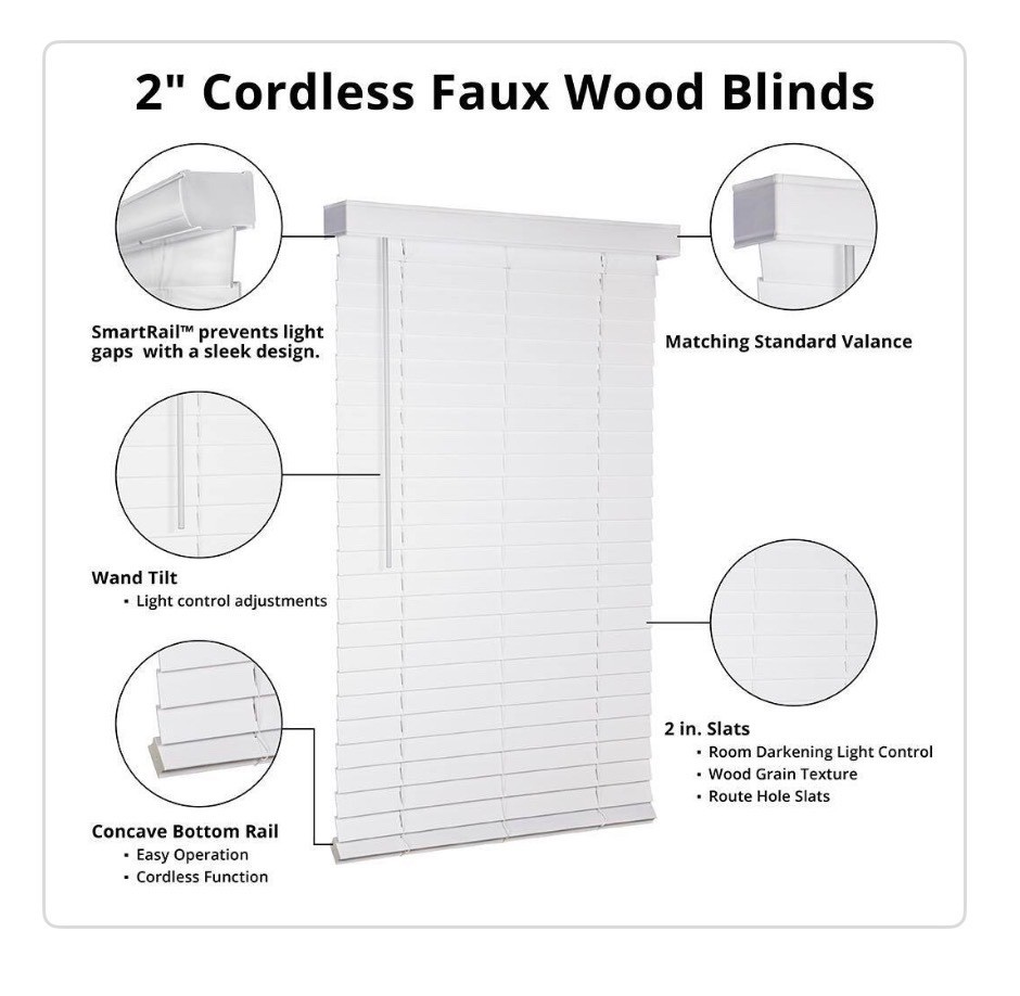 White Cordless Faux Wood Blinds for Windows with 2 in