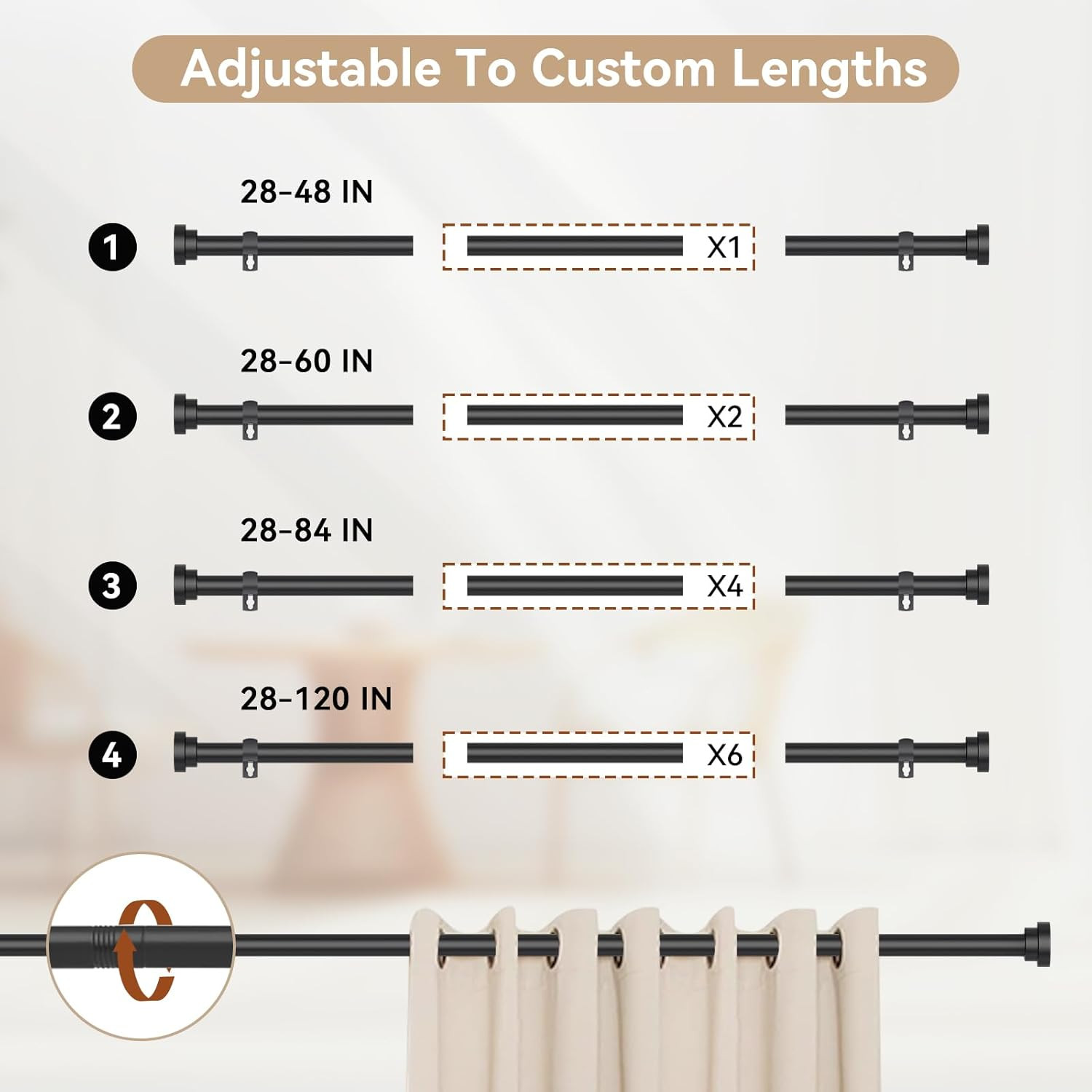 Black Curtain Rods for Windows 28 to 48 Inch(2.3-4Ft), 2 Pack 5/8 Inch Diameter