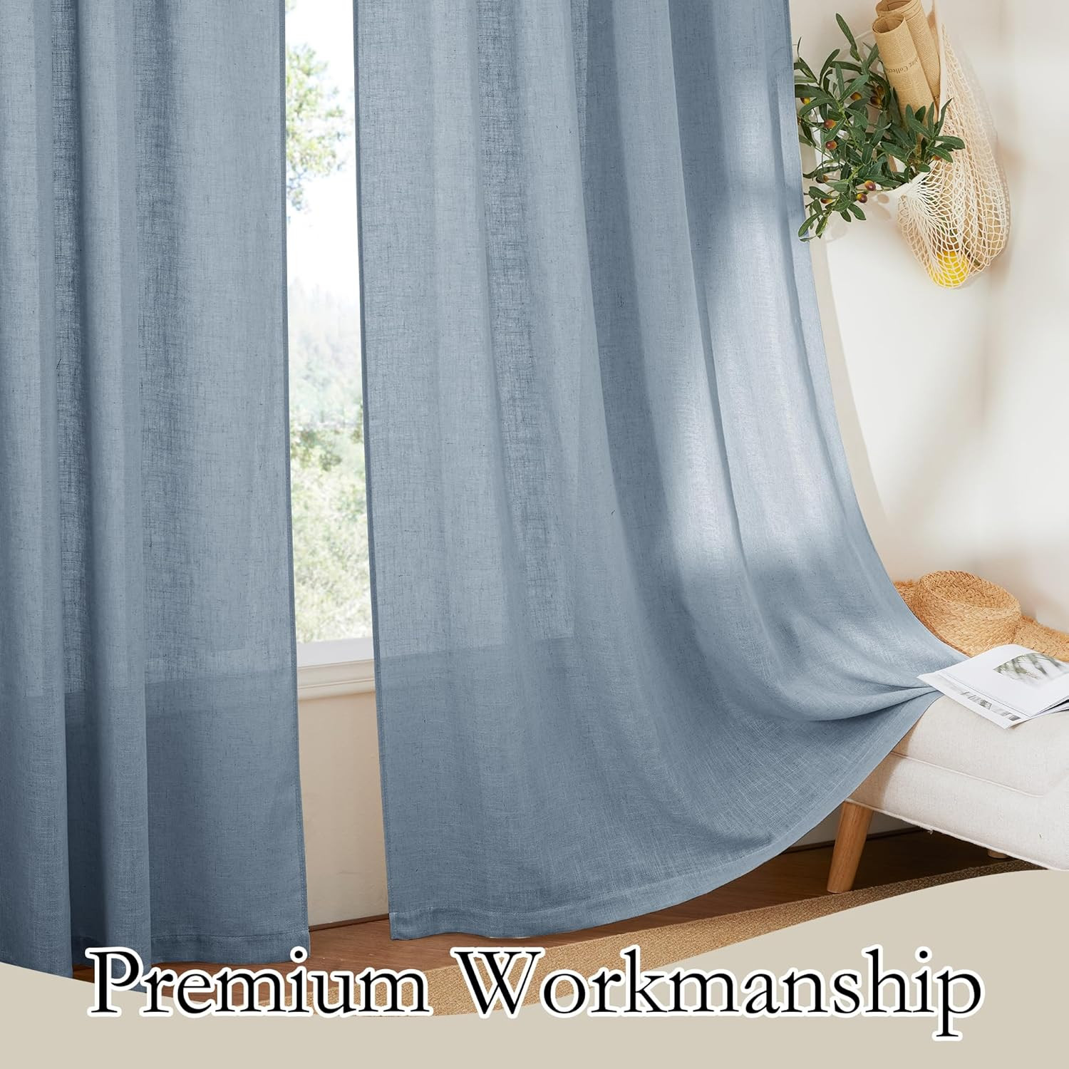 Light Filtering Curtains 95 Inches Long 2 Panels Set, Privacy Protected Linen Bl
