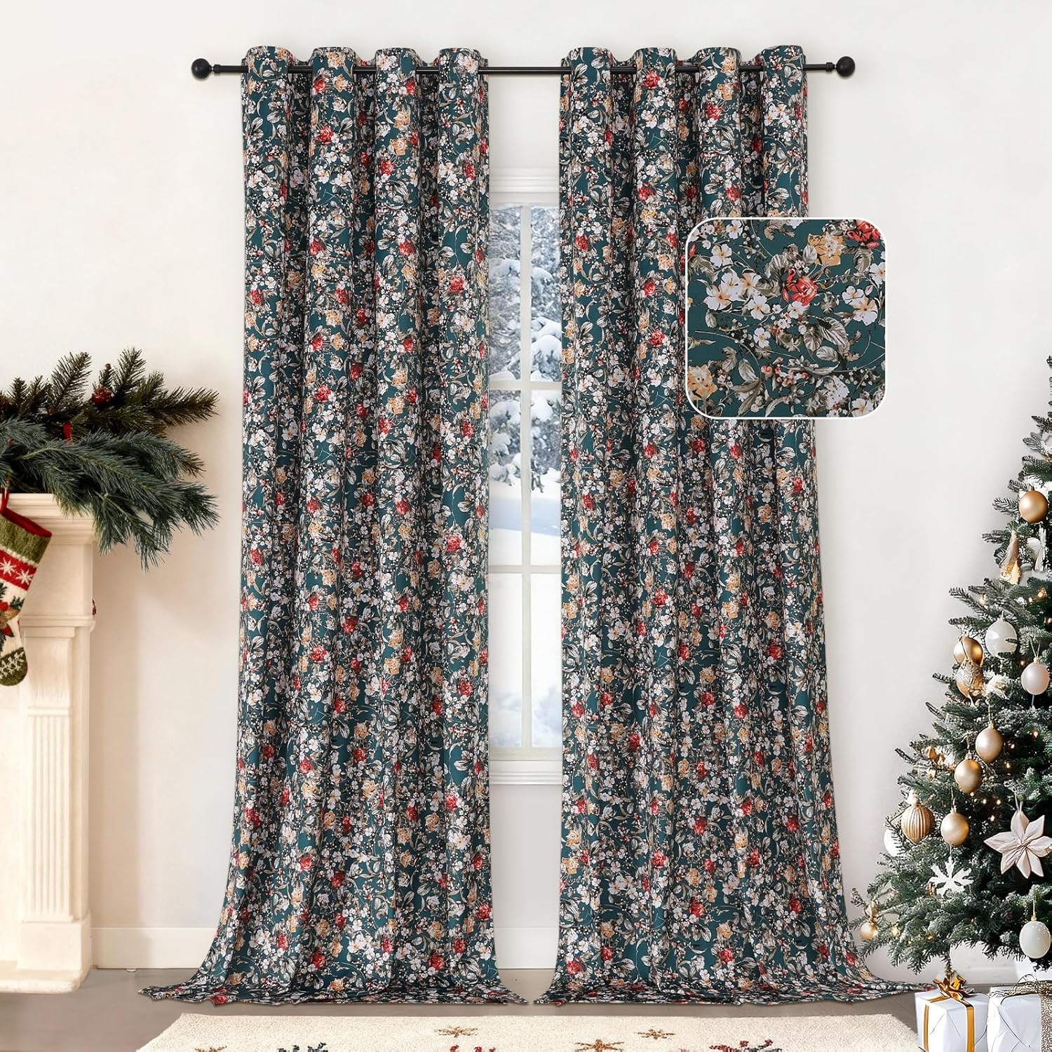 Green Velvet Blackout Curtains 84 Inch Long 2 Panels, Boho Floral Printed