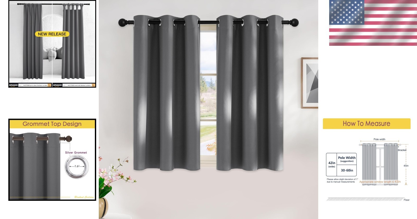 Elegant Grey Blackout Curtains – Thermal Insulated Drapes, 2 Panels, 42″W x 45″L