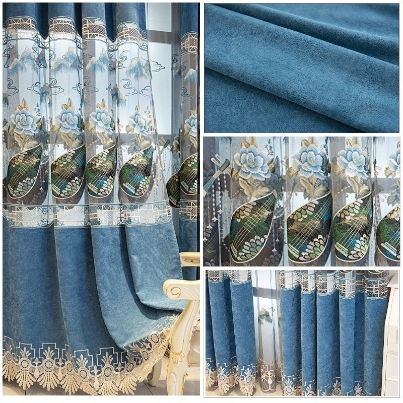 1 Panel Blackout Chenille Curtain Chinese Sealing Embroidery Sheer Tulle Home