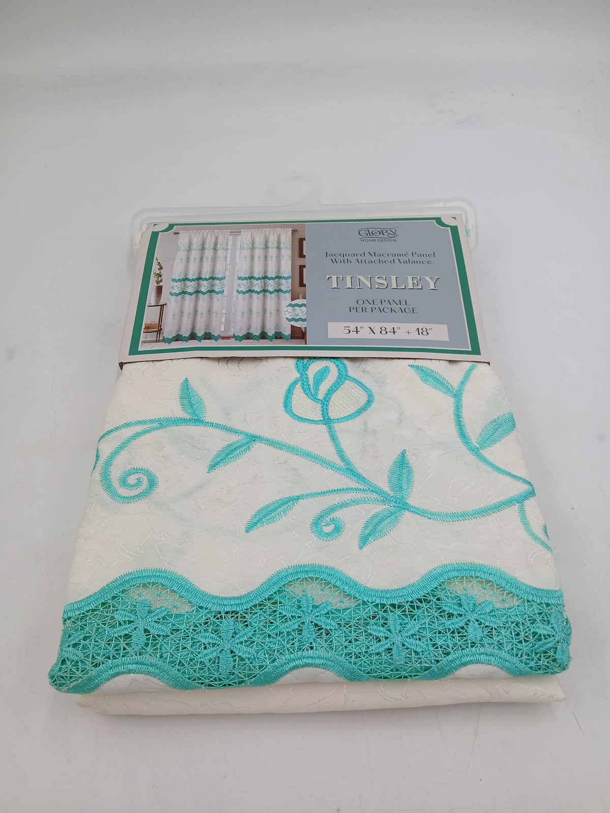 Glory Home Design Tinsley Curtain Panel 55×83 Macrame Valance Beige Aqua Single