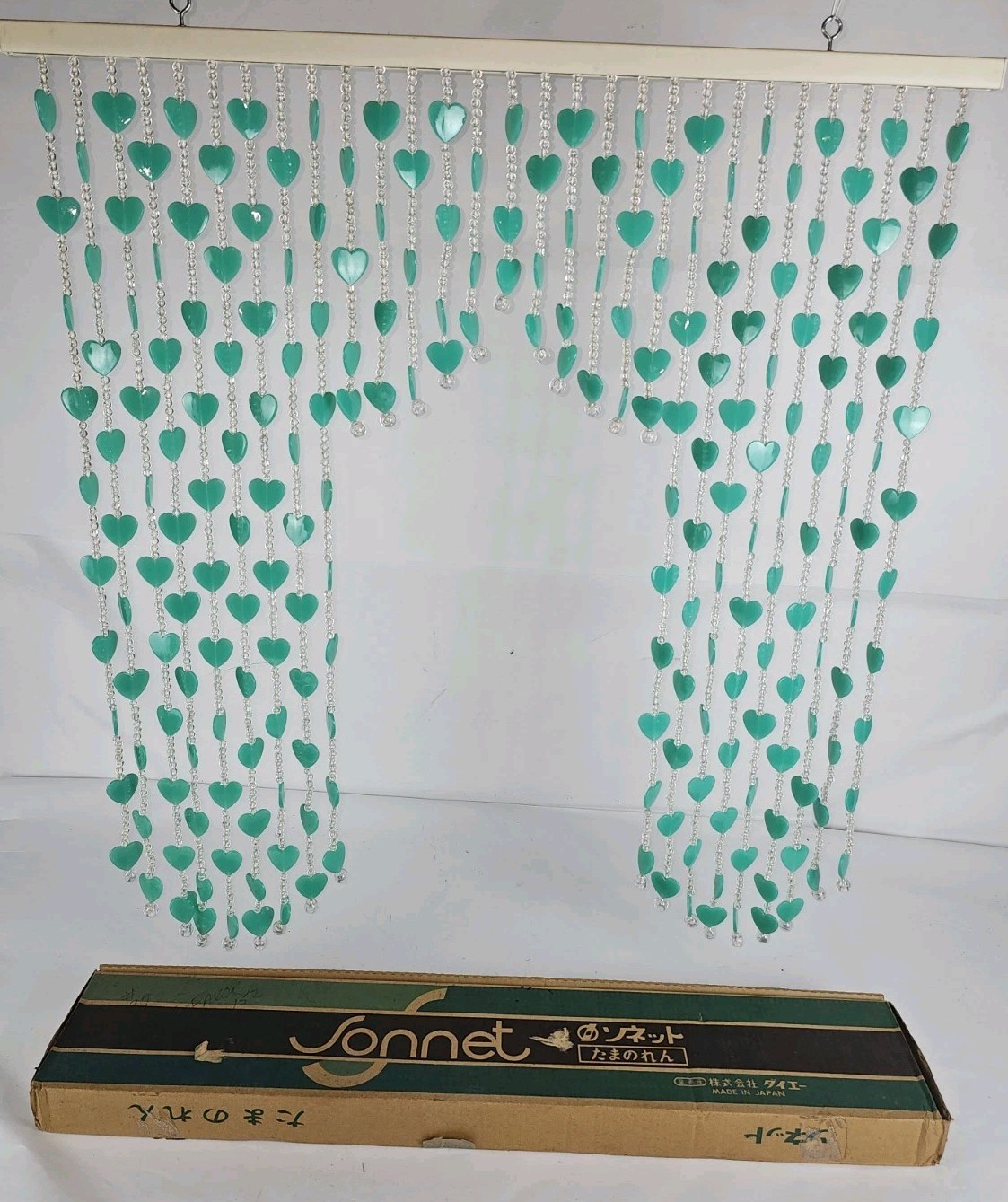Vtg 70s Japanese Beaded Heart Curtain Sonnet Teal Turquoise MCM Retro Japan Box