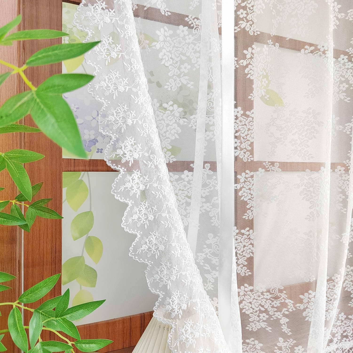 White Floral Lace Tie Up Curtain, Adjustable Lift Balloon Window Shade