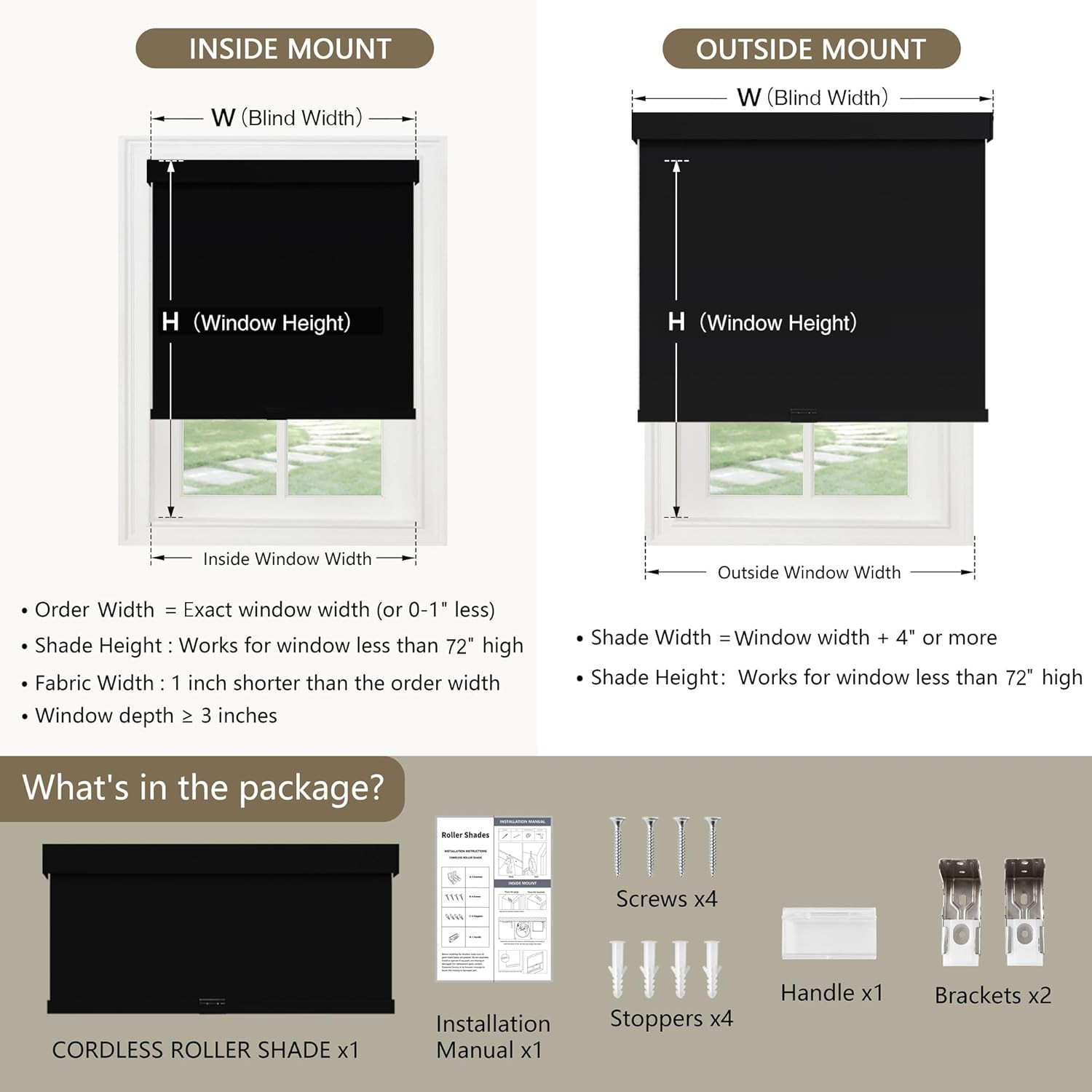 SUNOFF Cordless Blackout Roller Shades Blinds for Windows Free-Stop,Pull down Ro