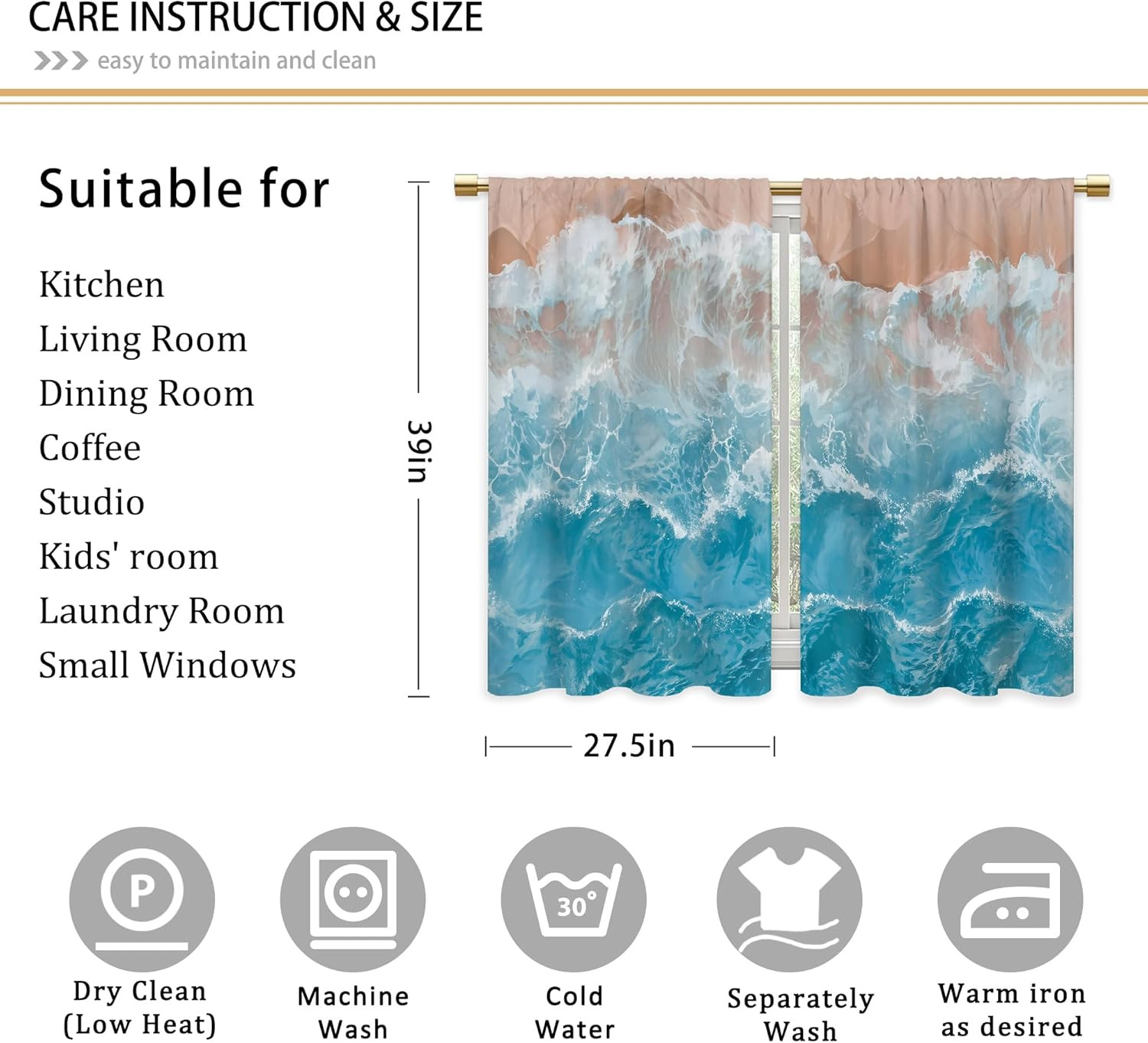 Blue Ocean Wave Bathroom Curtains Window Treatment Drapes Tier Sea Coastal Beach