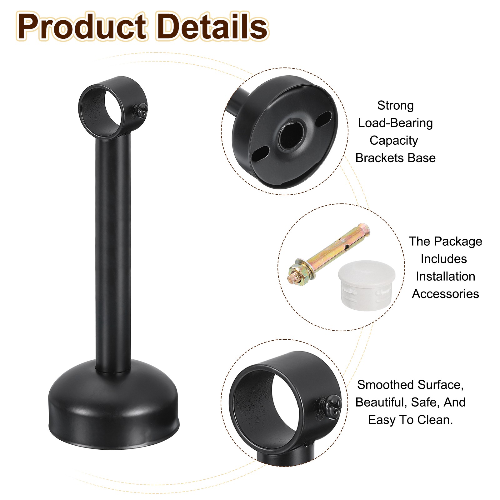 2 Set Ceiling Mount Curtain Rod Bracket 25x200mm Stainless Steel Rod Holders