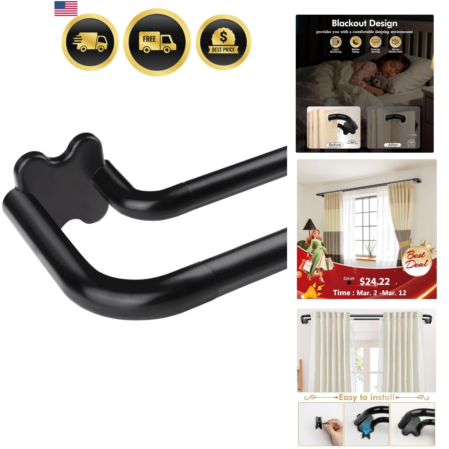 32–58 Inch Black Double Curtain Rod for Blackout Curtains, Wrap Around Room D…