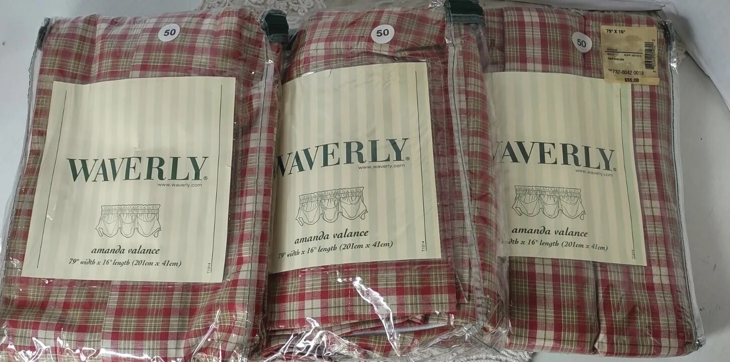 Waverly valances Tea Rose Plaid Antique AMANDA NEW Red tan kitchen 79×16″ ea