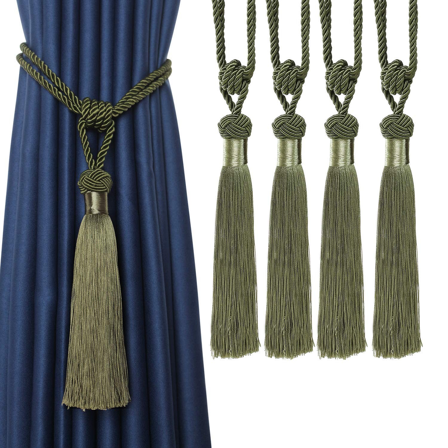 4 PCS Curtain Tiebacks Hand Woven Holdbacks Home Decorative Tassels Green