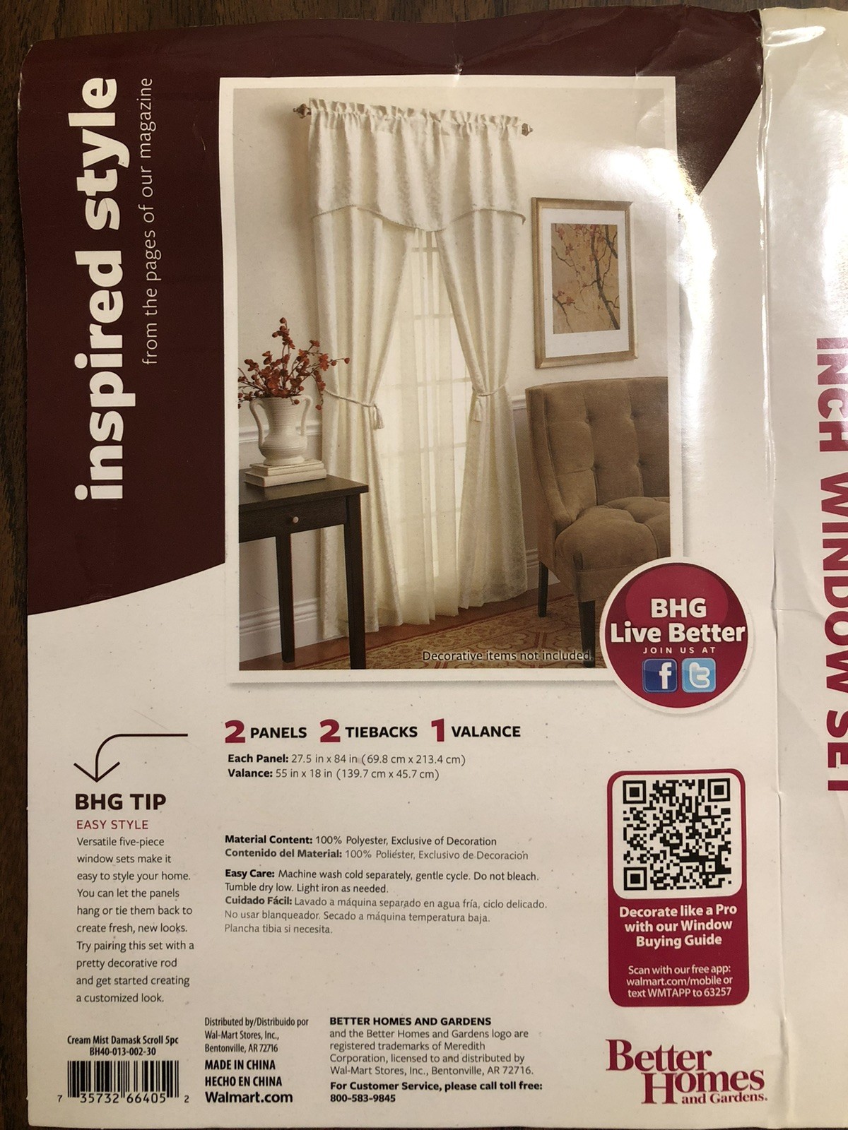 BETTER HOMES AND GARDENS DAMASK SCROLL CREAM MIST 84” LENGTH 5 PEICE WINDOW SET