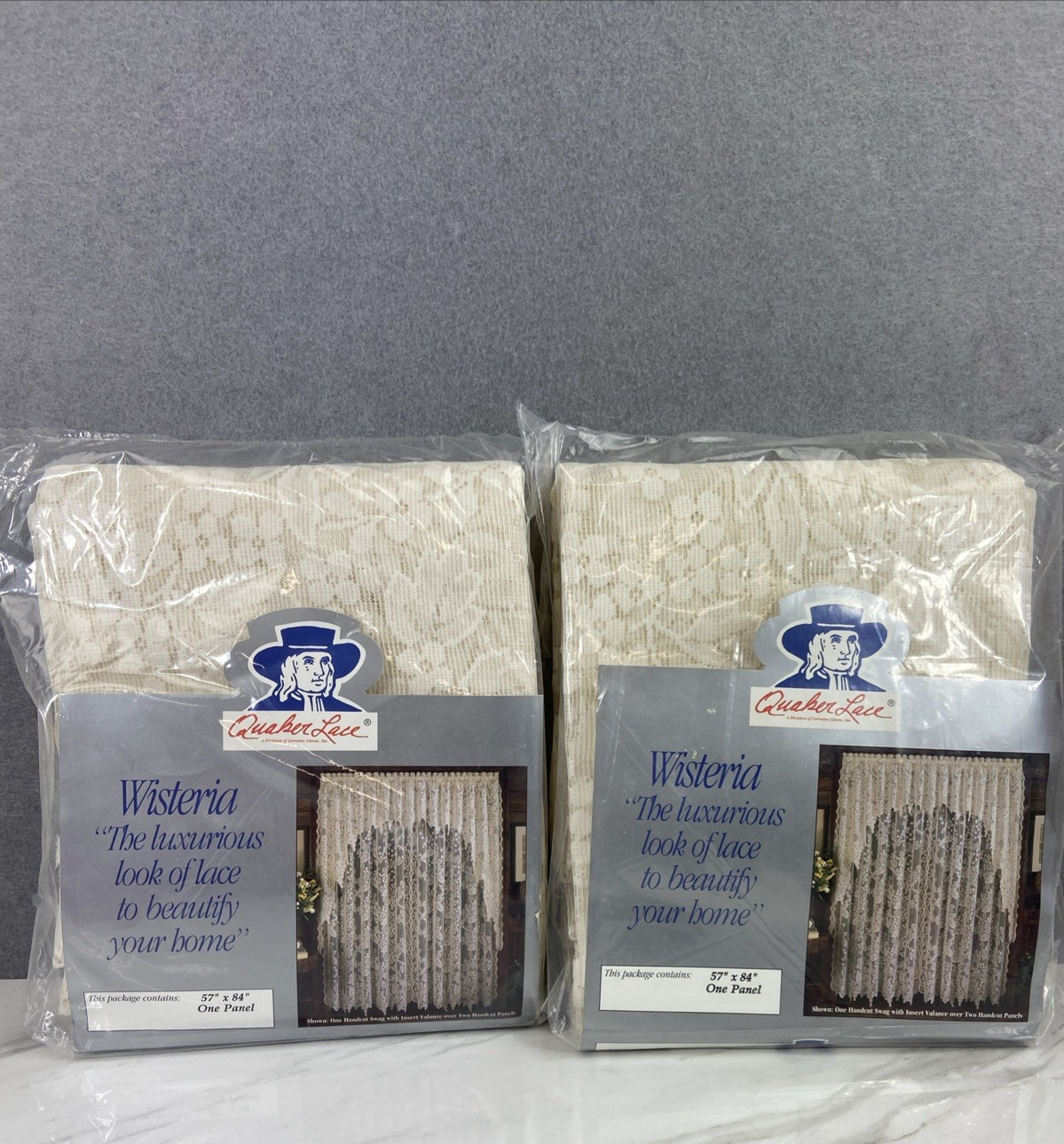 2 Vintage Quaker Lace Wisteria 57 x 84″ Panels Ivory Made In USA NOS
