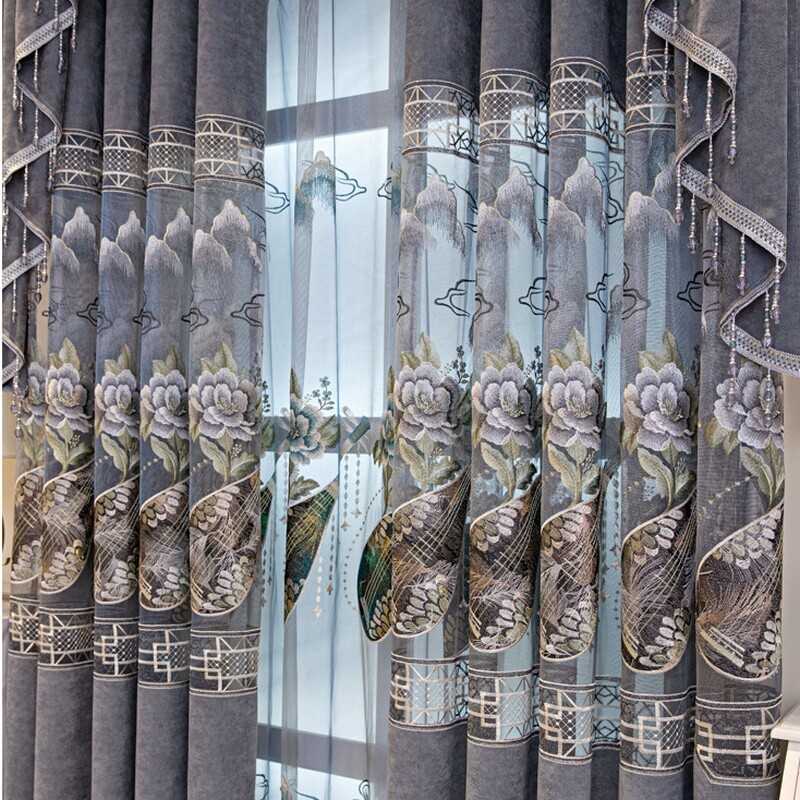 1 Panel Blackout Chenille Curtain Chinese Sealing Embroidery Sheer Tulle Home