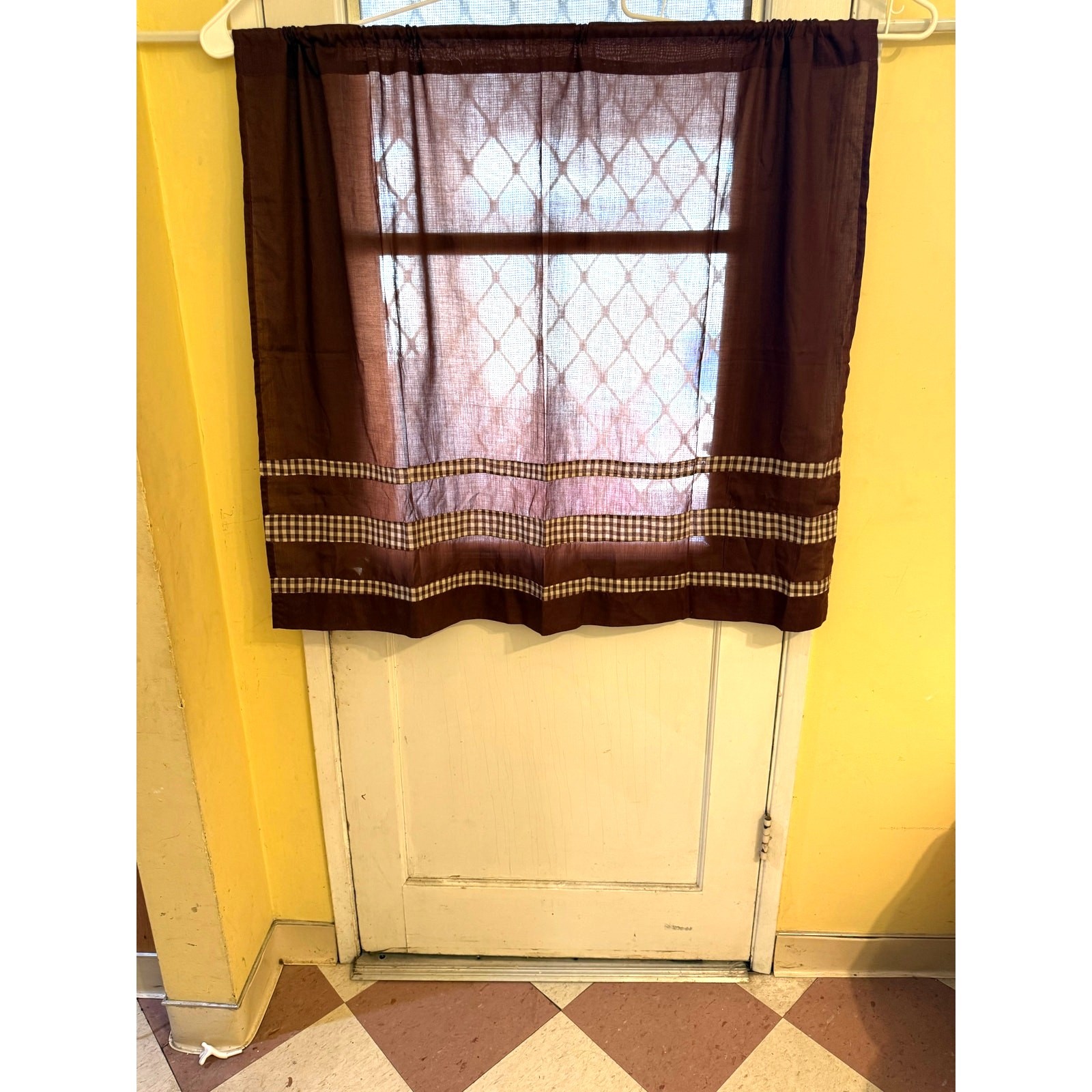 Vintage 1980s Handmade Brown Gingham Check Curtain Panels Set of 3 Cottagecore