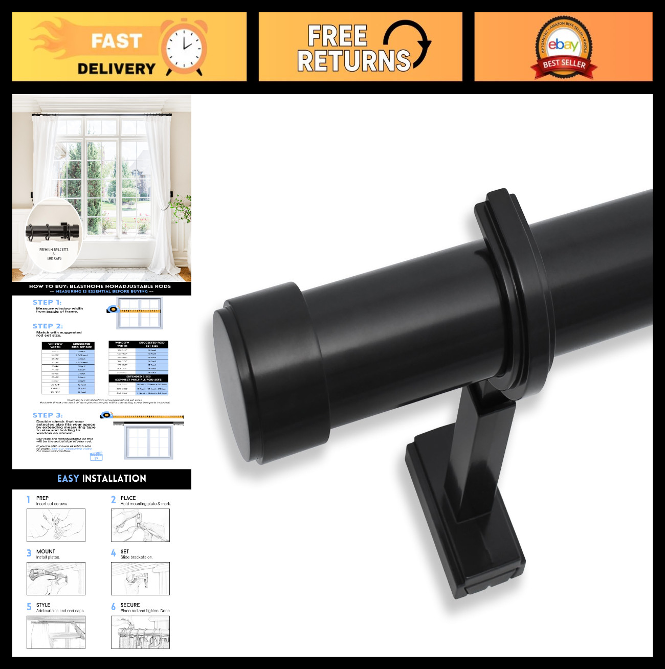 Luxury Non-Adjustable Curtain Rods Set – 1.25″ Fixed Length, 7ft, Tuxedo Black