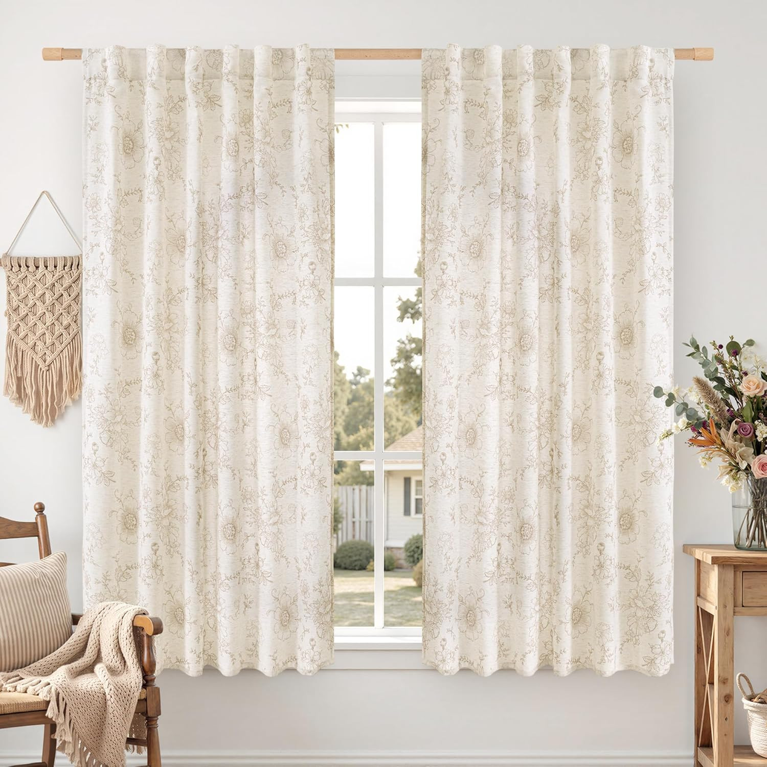 LAMIT Beige Floral Linen Curtains 63 Inch Length, Light Filtering Bedroom Drapes