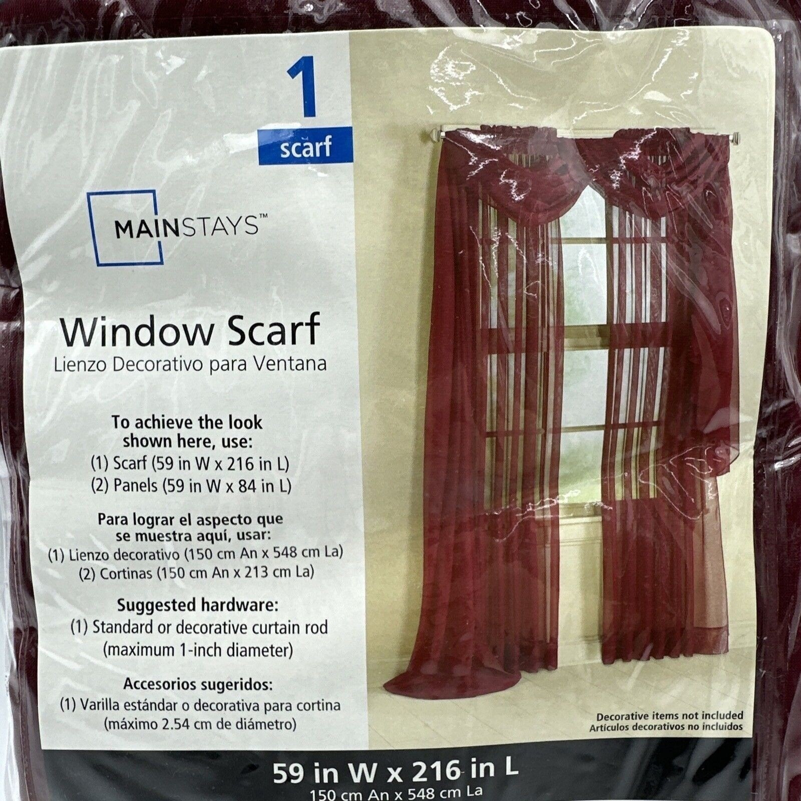 Mainstays Window Scarf Sheer Voile Red Burgundy 59″ x 216″