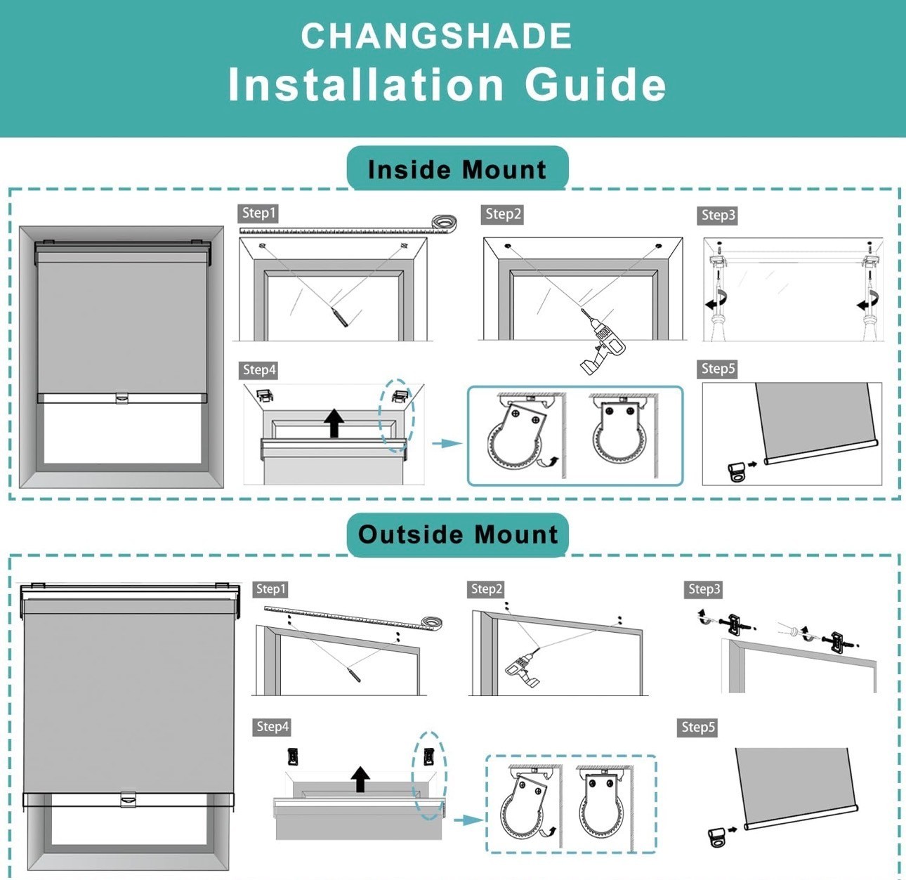 Changshade Cordless Blackout Roller Shade Room Darkening Roll Up Blind
