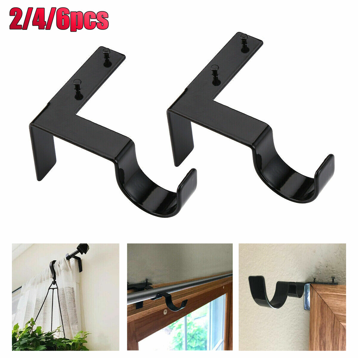 2-6pc Curtain Pole Brackets No Drill Curtain Rod Holder Into Wooden Window Frame