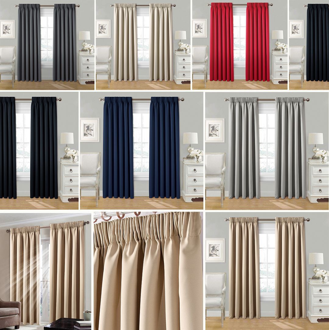 Pair Pencil Pleat Tape Top Plain Thermal BLACKOUT LINED Curtains with Tie Backs
