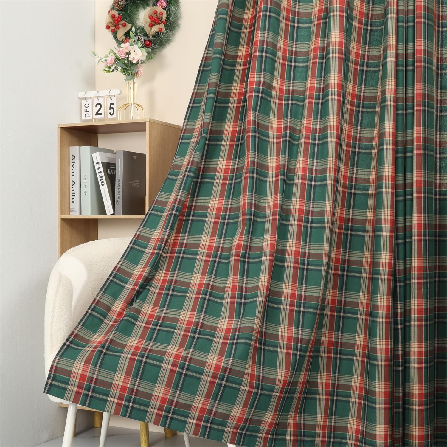 Moslovstar Tartan Curtains Set of 2 Green Red 52×72 in Semi Blackout Grommets