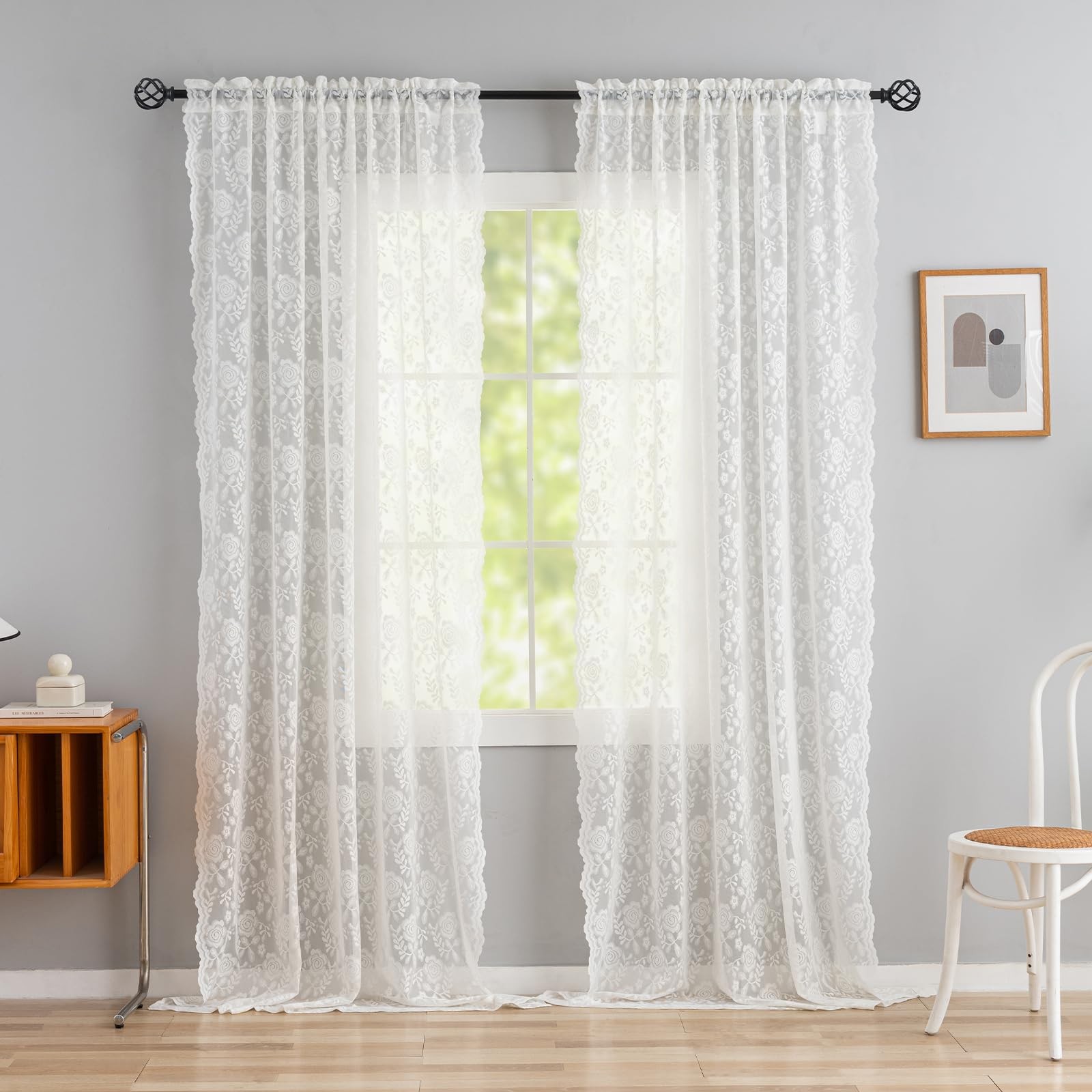 Sheer Lace Curtains 84 Inches Long – Victorian Embroidered Rose Leaf Floral C…