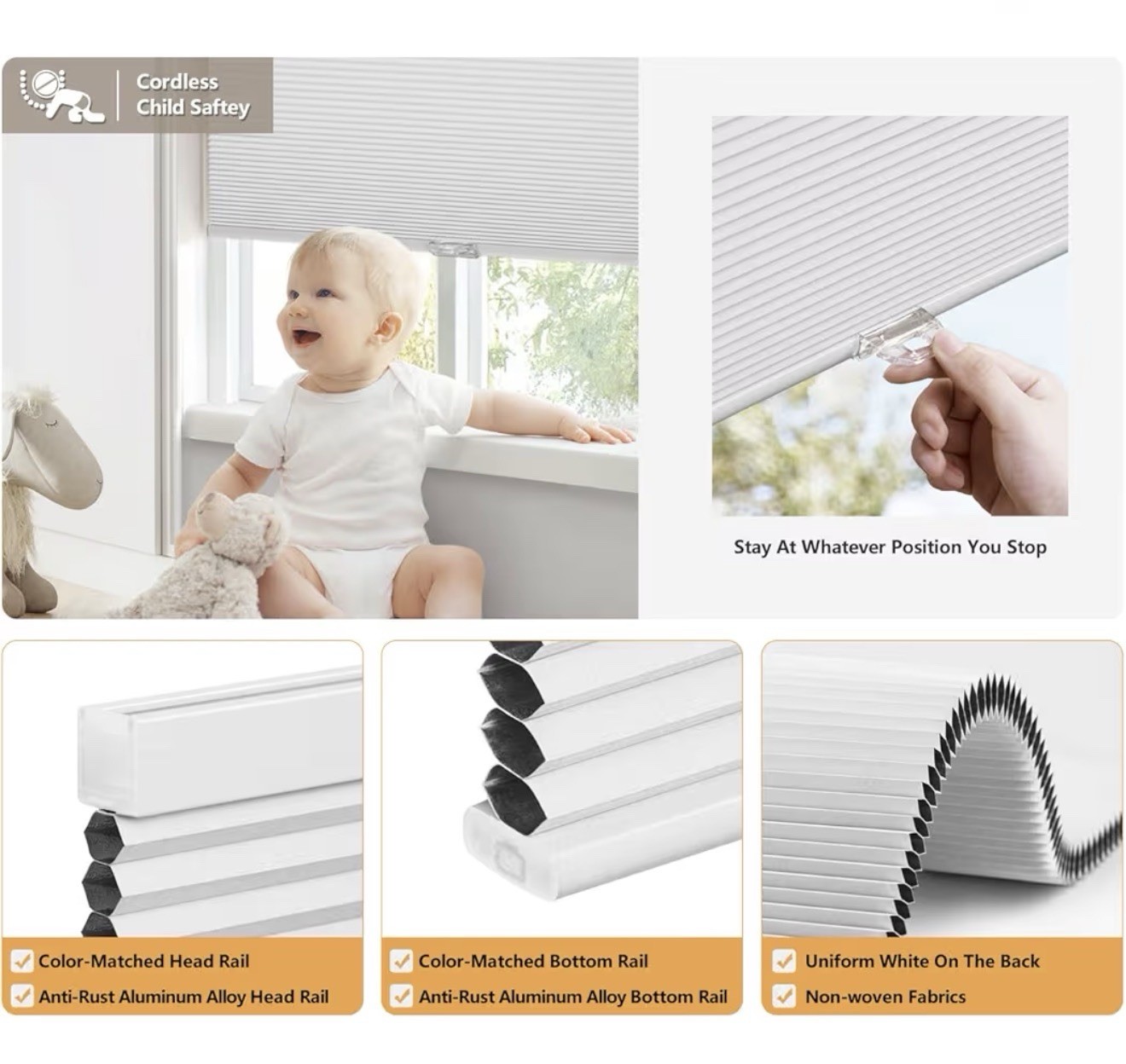 Cordless Cellular Blackout Window Blinds Shades, Non-woven Fabric, Multi-Color