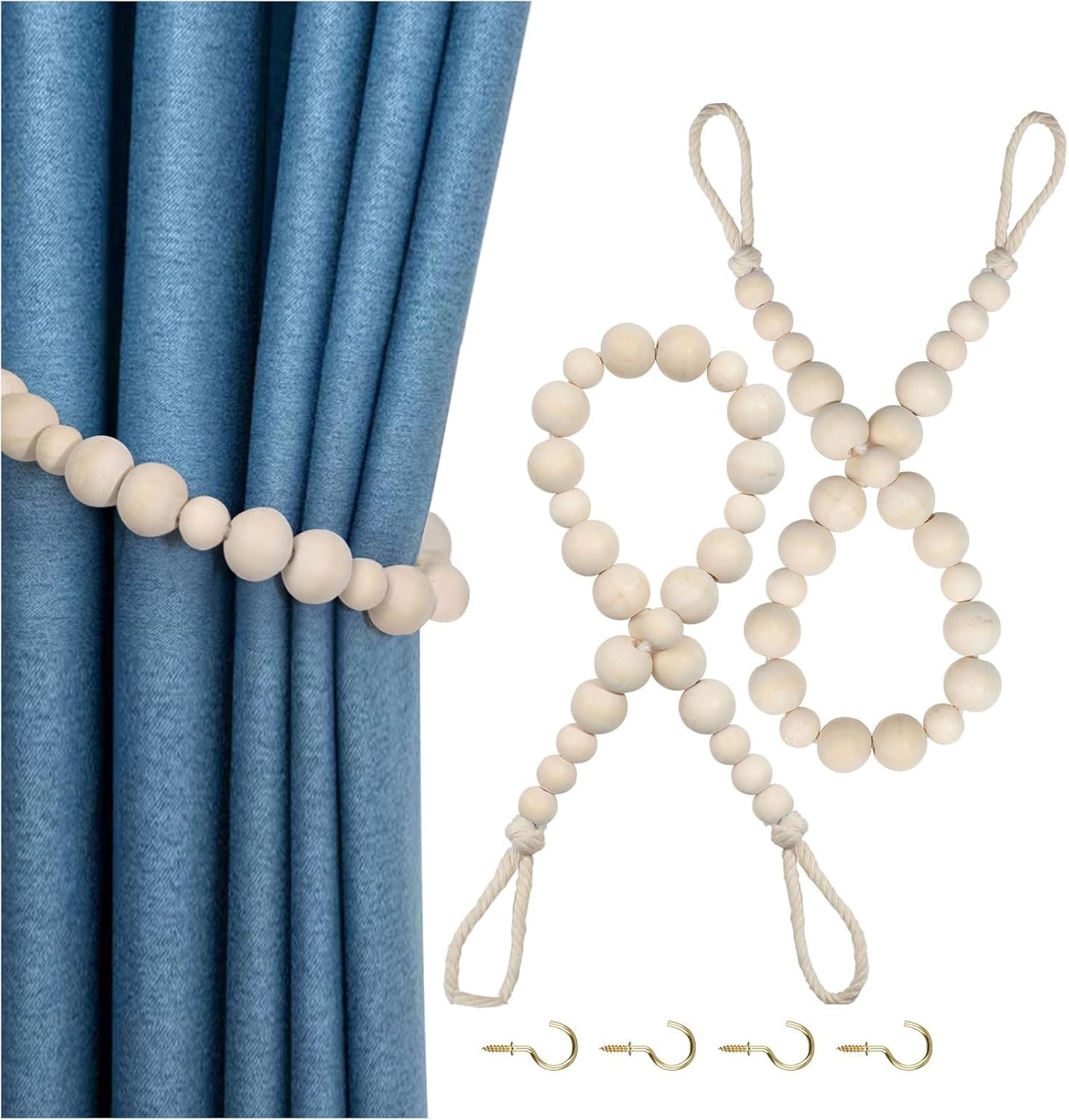 Hion 2 Pcs Boho Curtain Tiebacks,Wood Beads Curtain 19.69″L x 0.79″