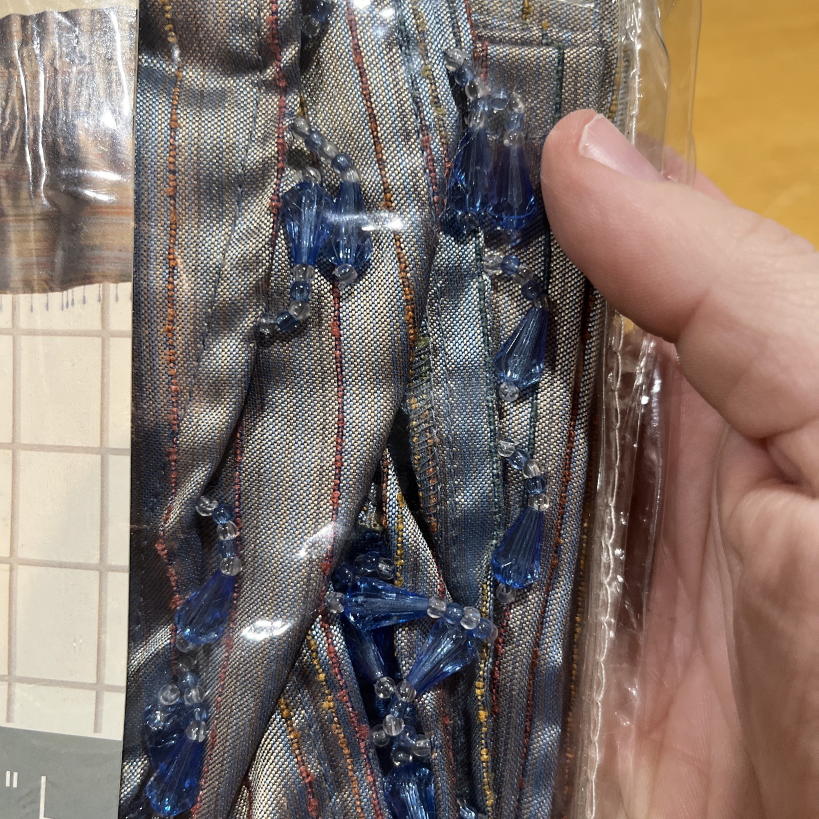 Vtg Home Essentials Kmart M Blue Silky Striped Beaded Valance Scalloped 54×15″