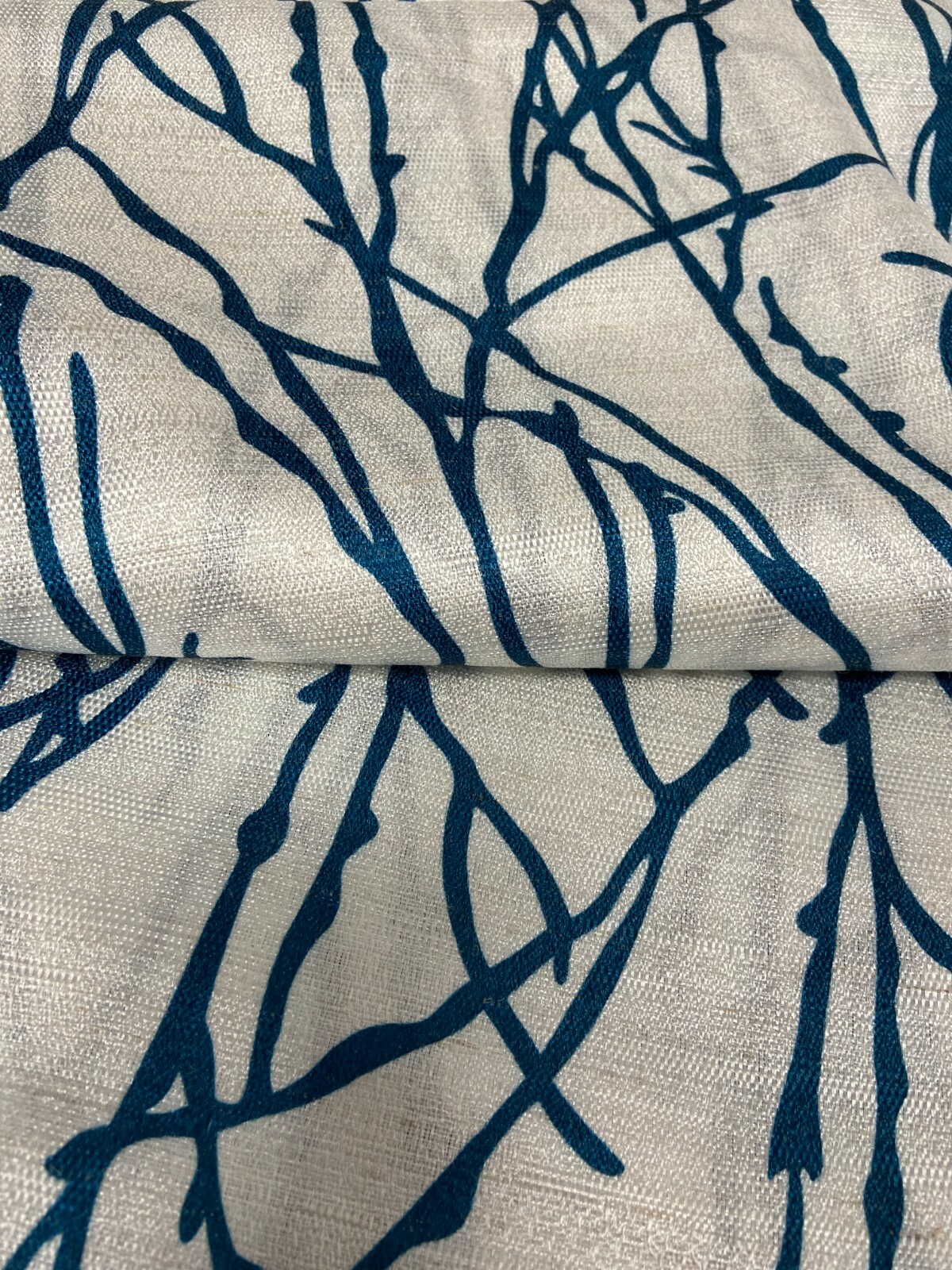 2 Curtains White And Teal Branches Linen Blend Grommet Panels 54″ by 96″ Each